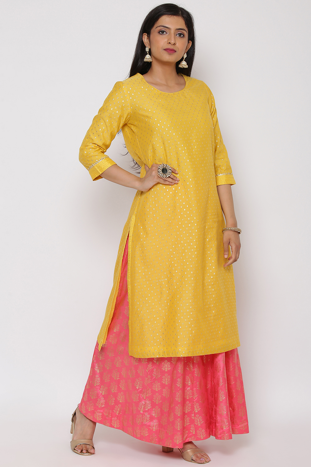 Yellow Poly Cotton Kurta Sharara Suit Set image number 6