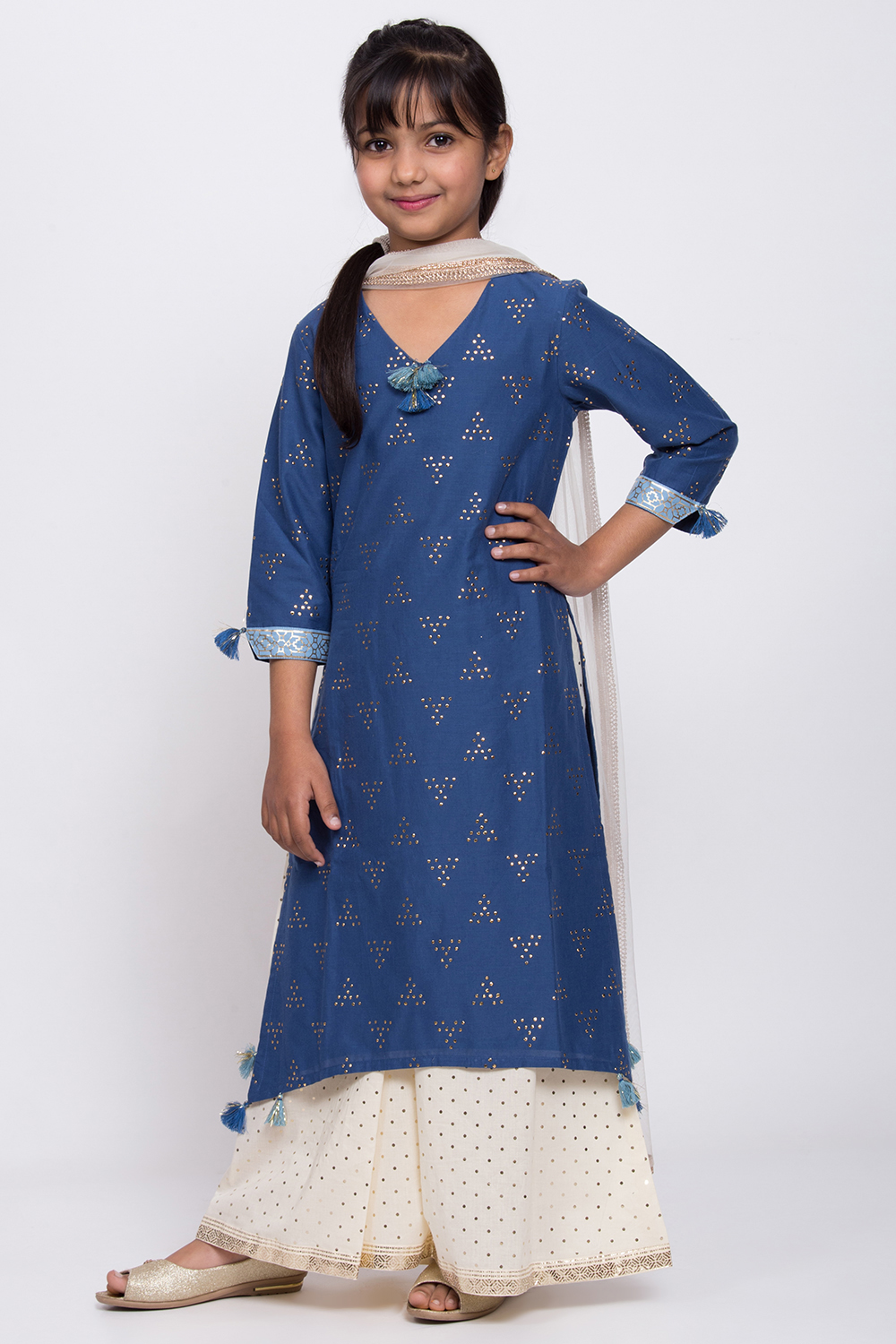 Marine Blue Cotton Sharara Kurta Flared Palazzo Suit Set image number 2