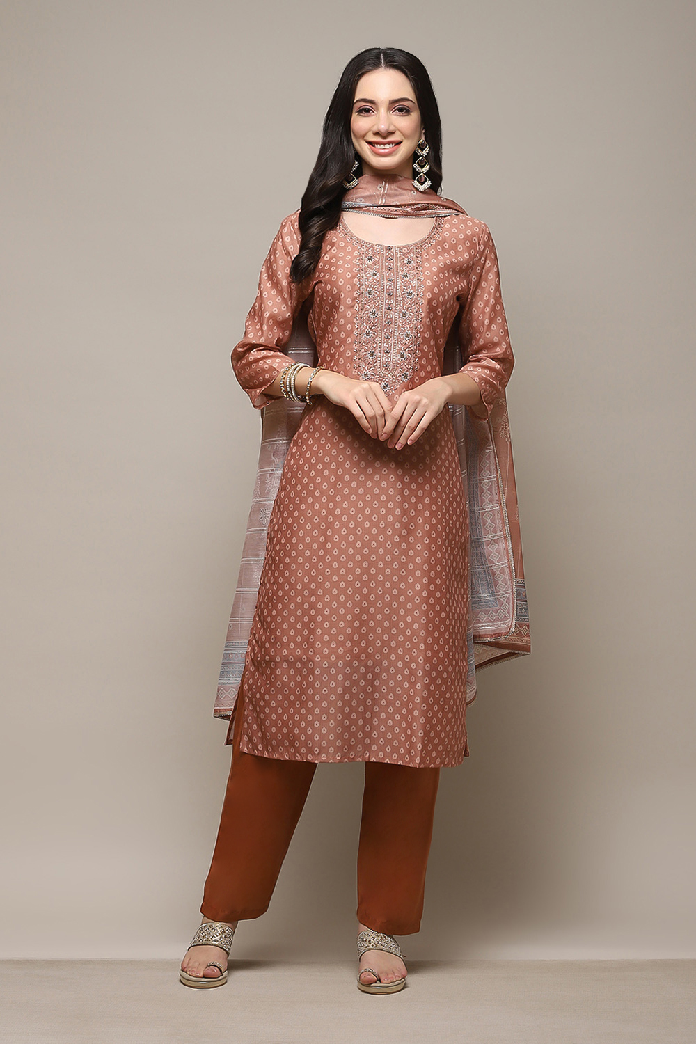 Rust Chanderi Blend Woven Unstitched Suit Set image number 8