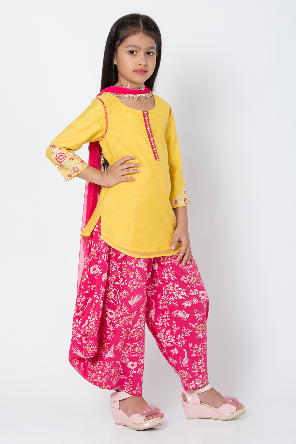 Yellow & Pink Art Silk Straight Kurta Dhoti Pant Suit Set image number 3