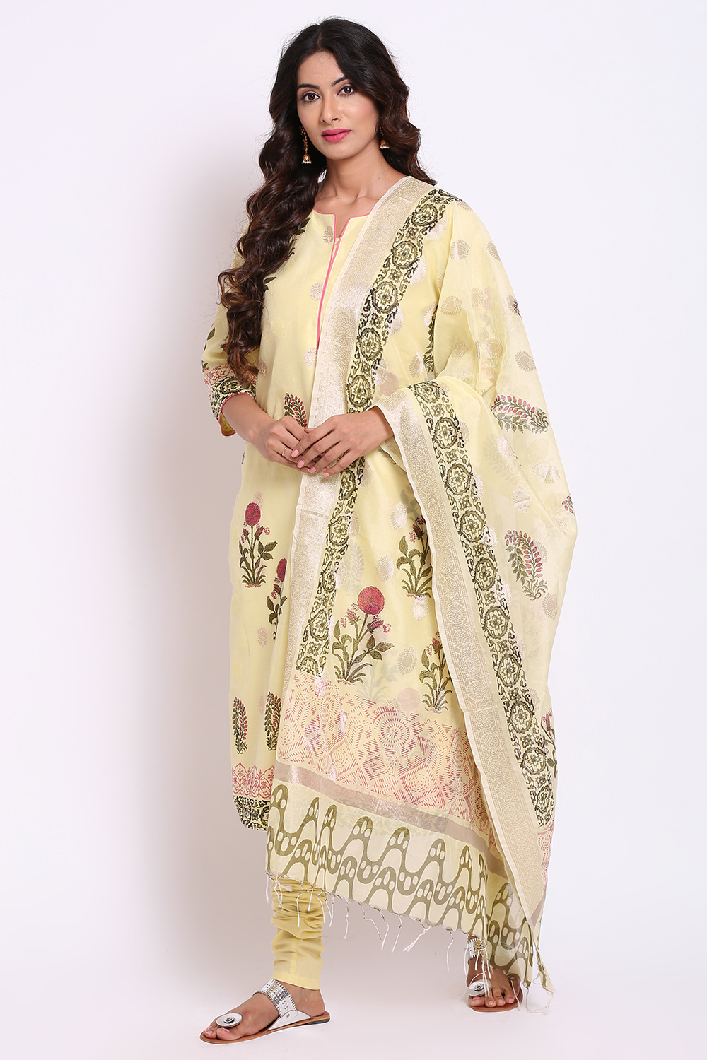 Pale Yellow Poly Metallic Cotton Straight Kurta Churidar Suit Set image number 3