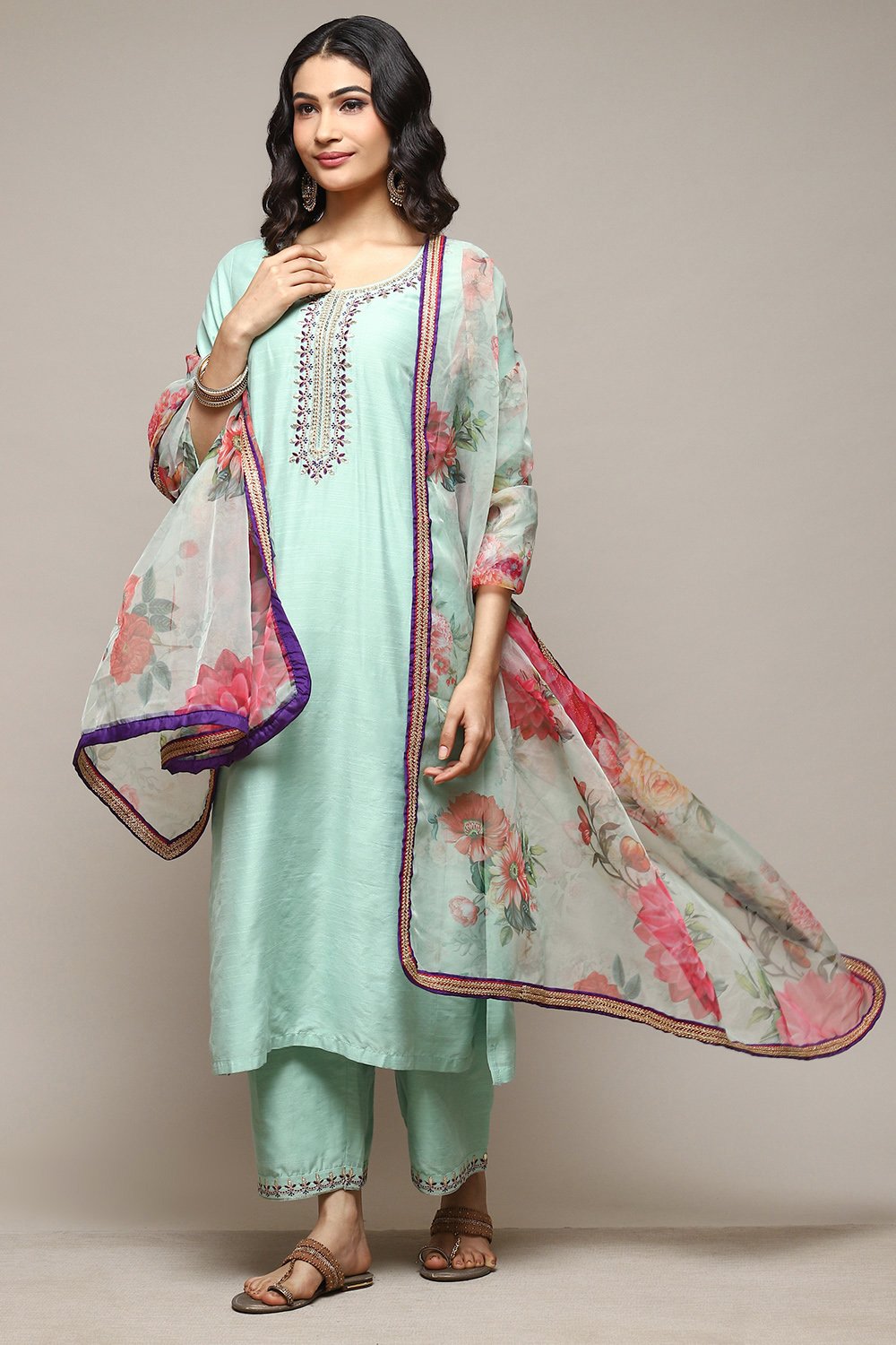 Sea Green Poly Viscose A-Line Kurta Palazzo Suit Set image number 0