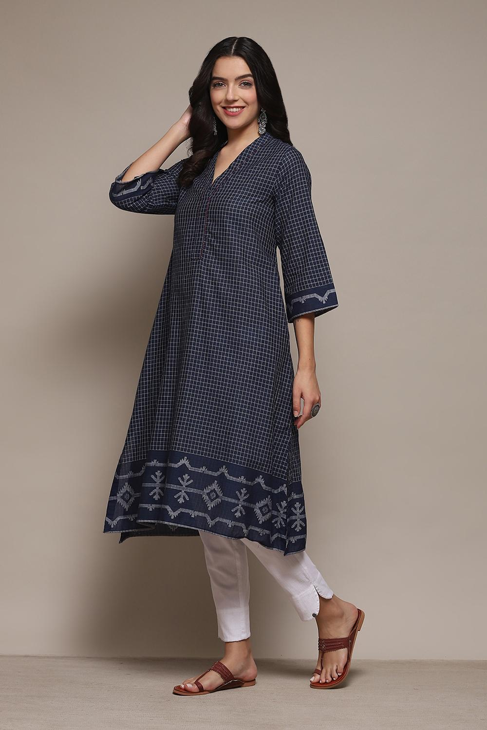 Navy Cotton Straight Yarndyed Kurta image number 2