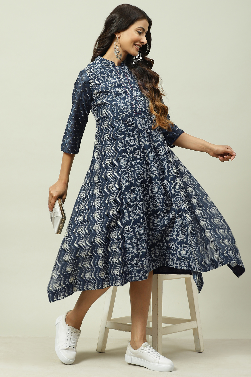 Indigo Poly Cotton Asymmetric Printed Kurta Dress at Biba India