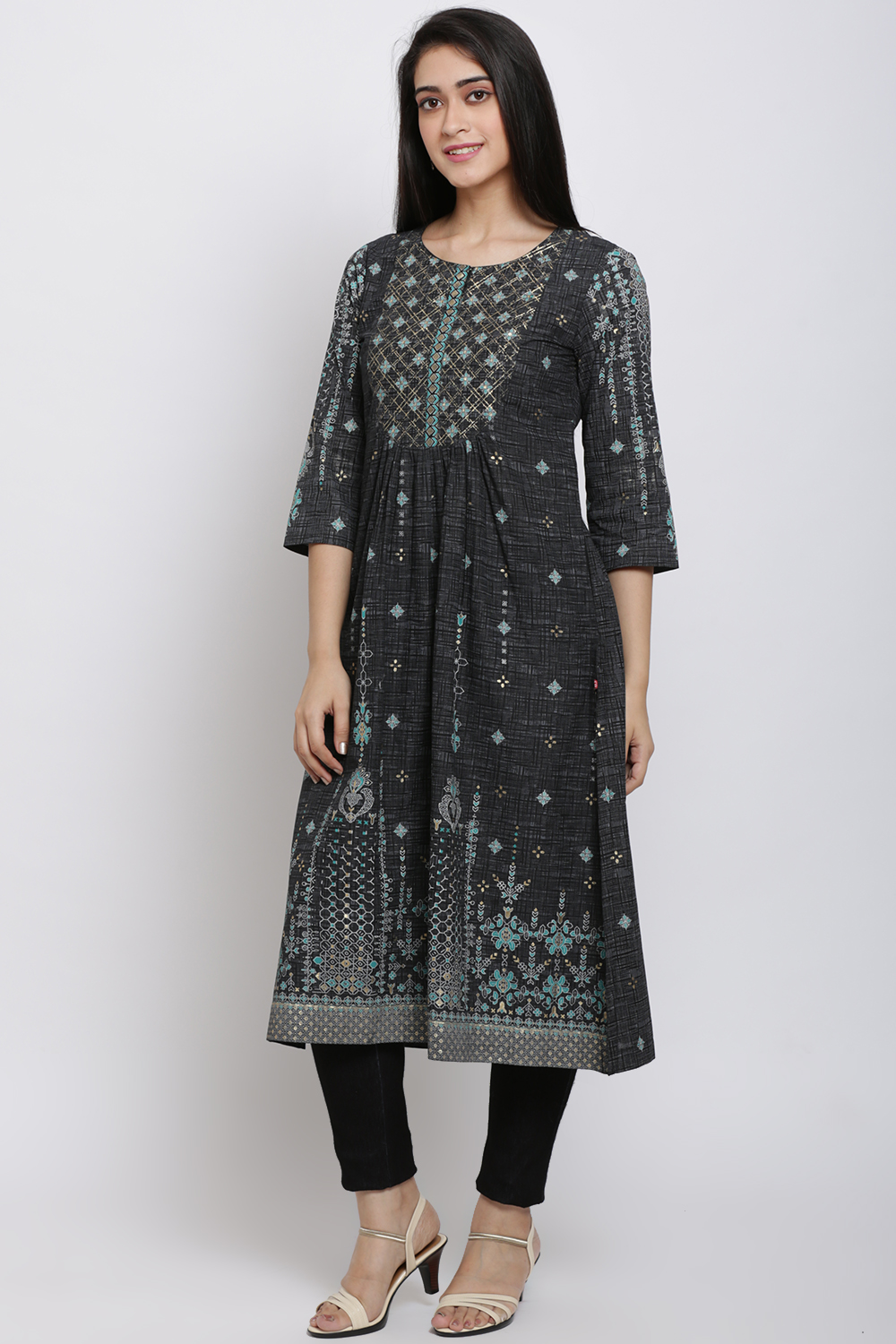 Black Cotton A-Line Printed Kurta image number 2