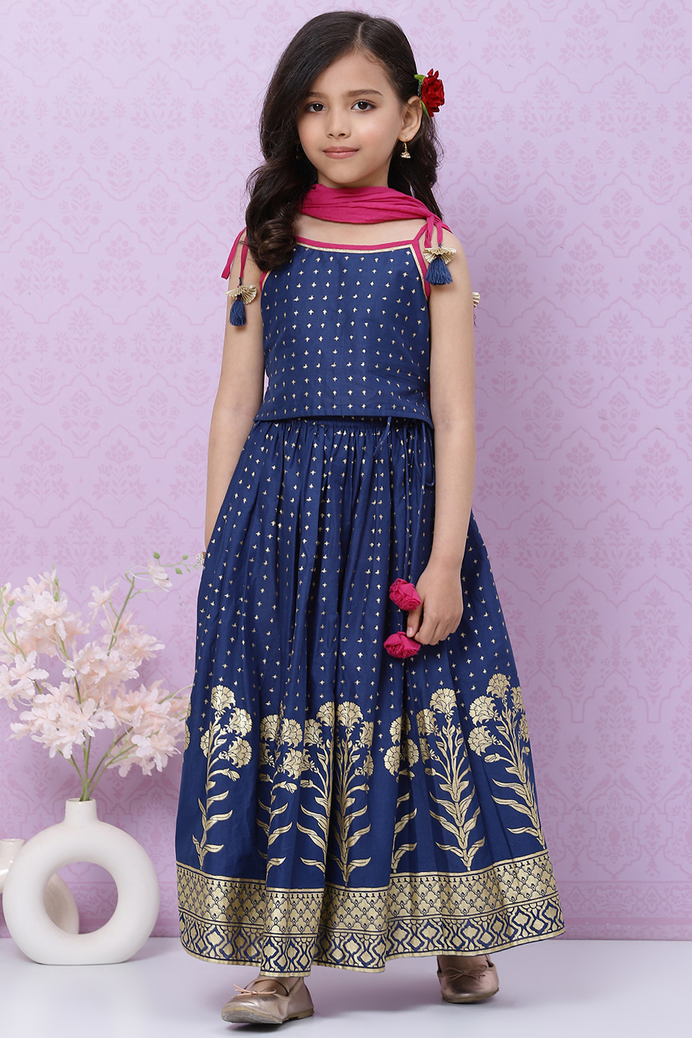 Pink Cotton Floral Printed Flared Festive Lehenga Set image number 0