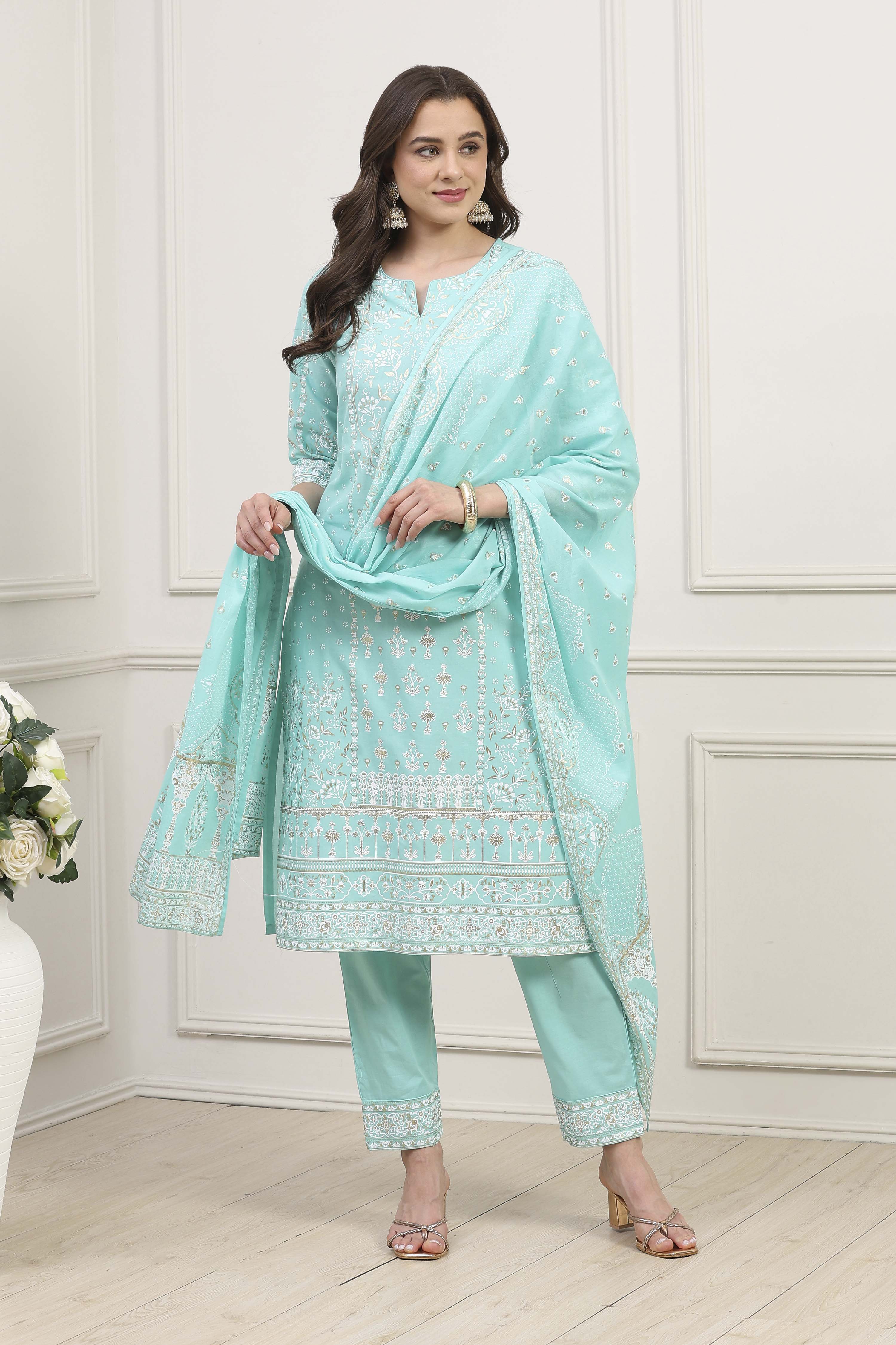 Sea Green Cotton Straight Kurta Pants Suit Set image number 6