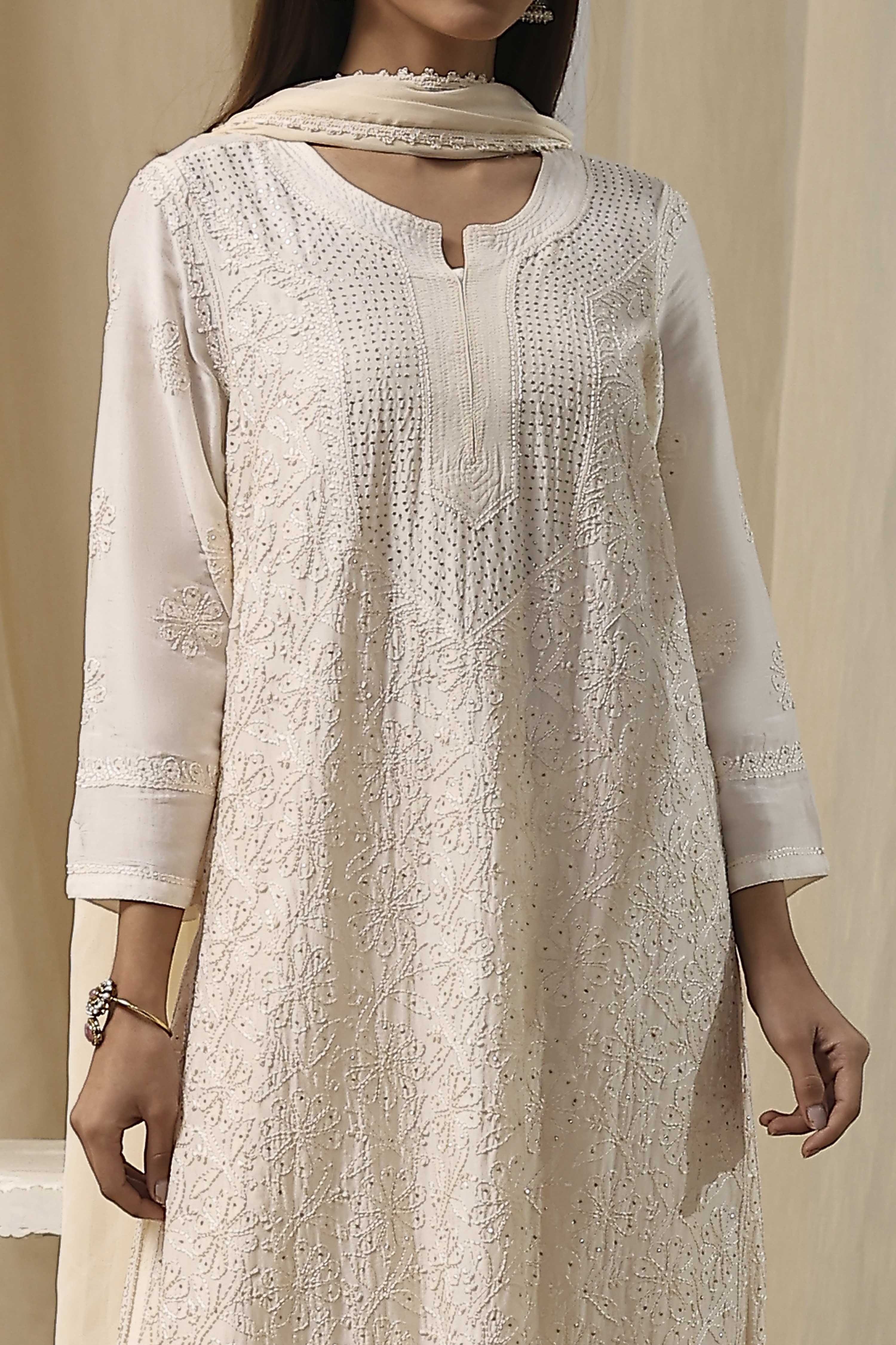 Off-White Modal Chikankari Straight Suit Set image number 1
