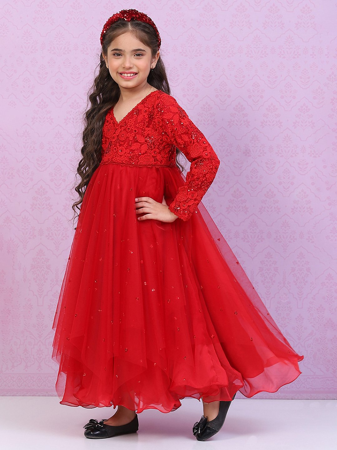 Red Nylon Layered Embroidered Dress image number 2