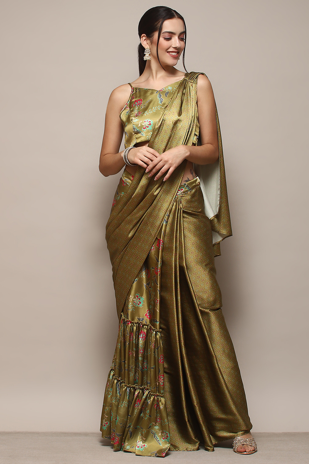 Green Pre Draped Saree A Stitched Blouse With Floral Prints at Biba India