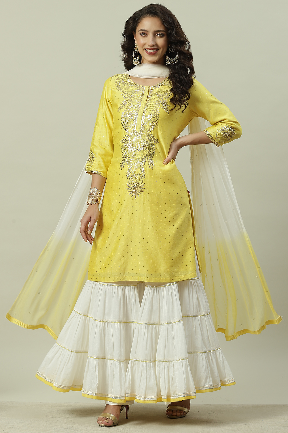 Yellow And White Cotton Silk Straight Kurta Garara Suit Set image number 0