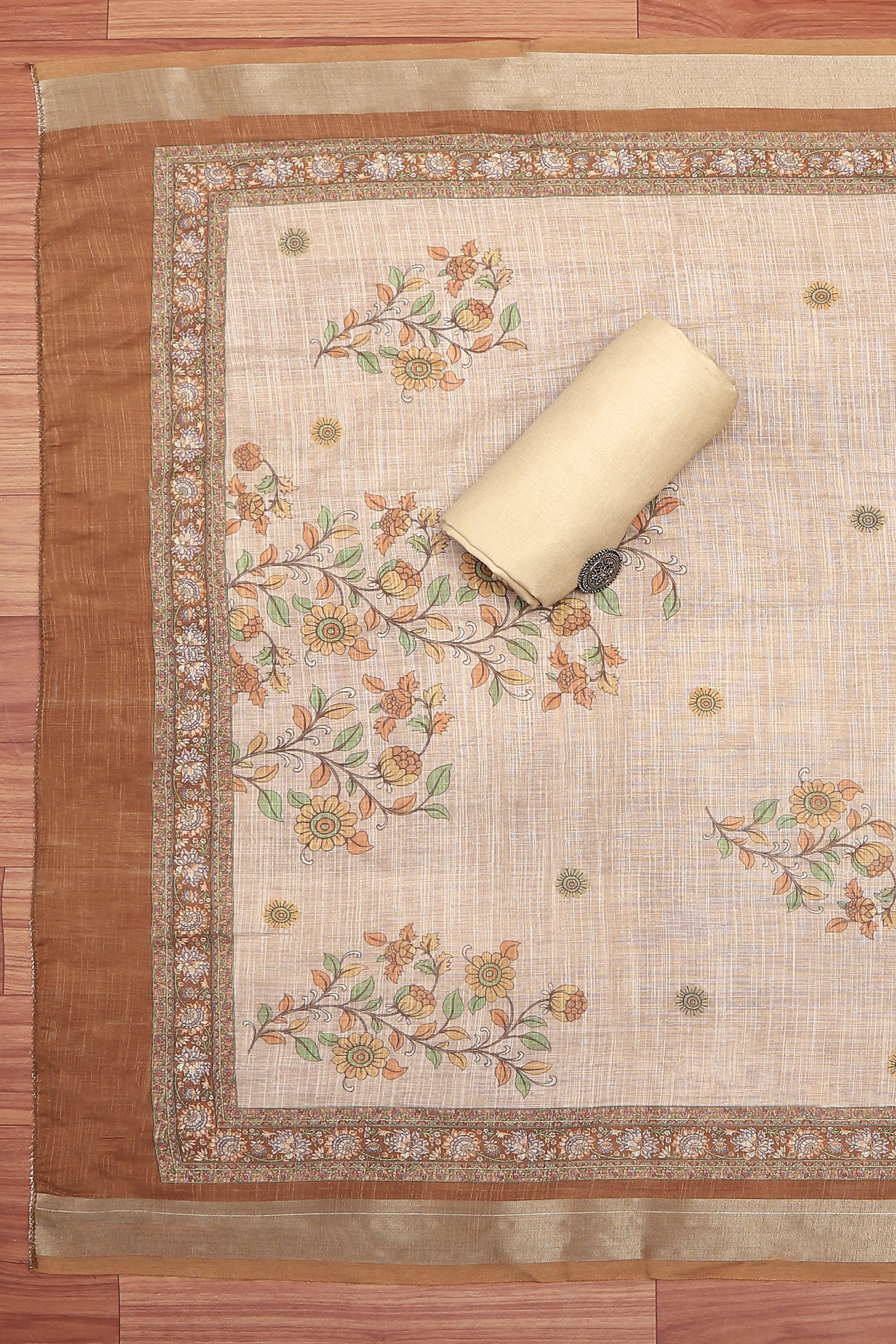 Peach Chanderi  Neck Patti Unstitched Suit Set image number 3