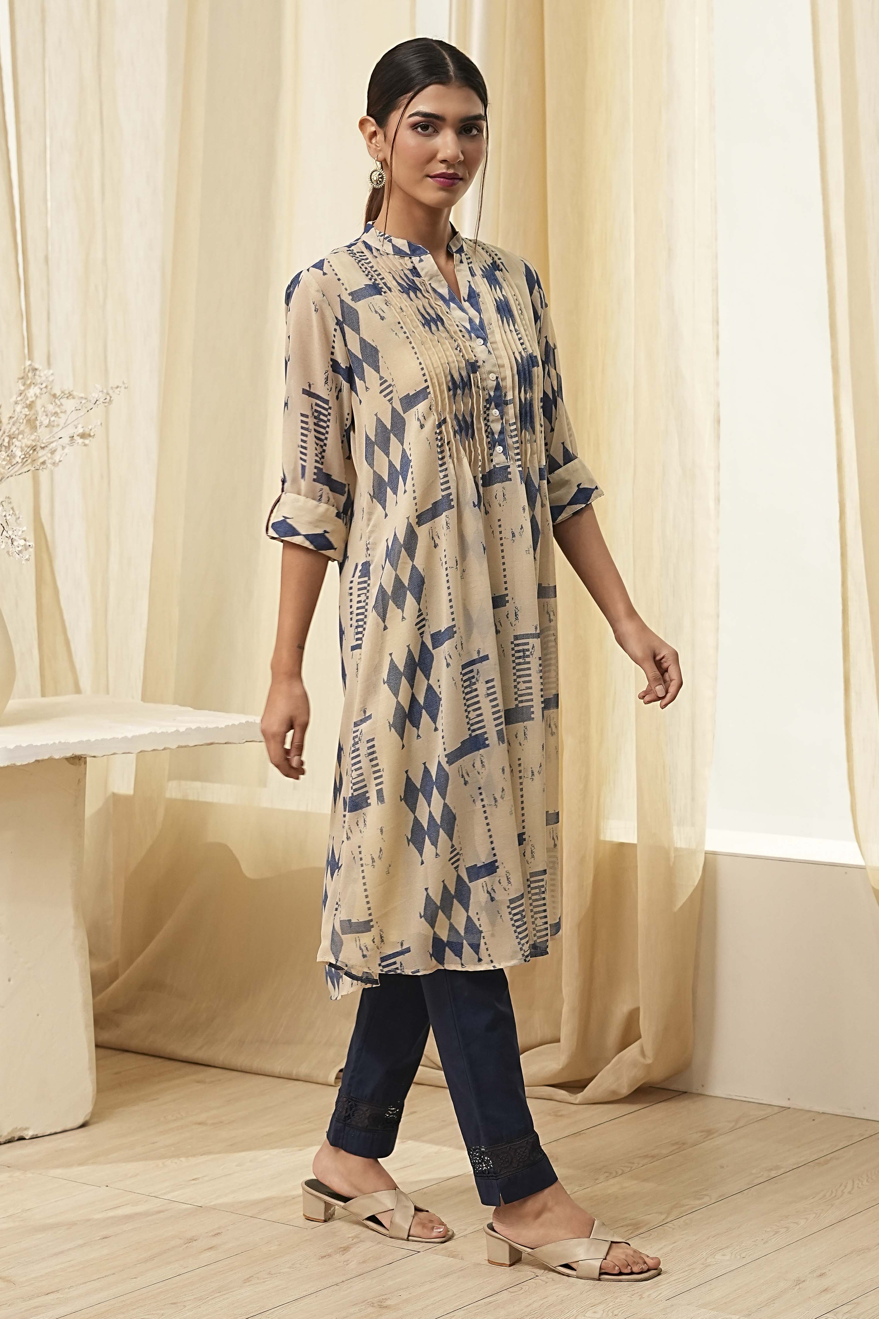 Beige Printed A-Line Kurta image number 4