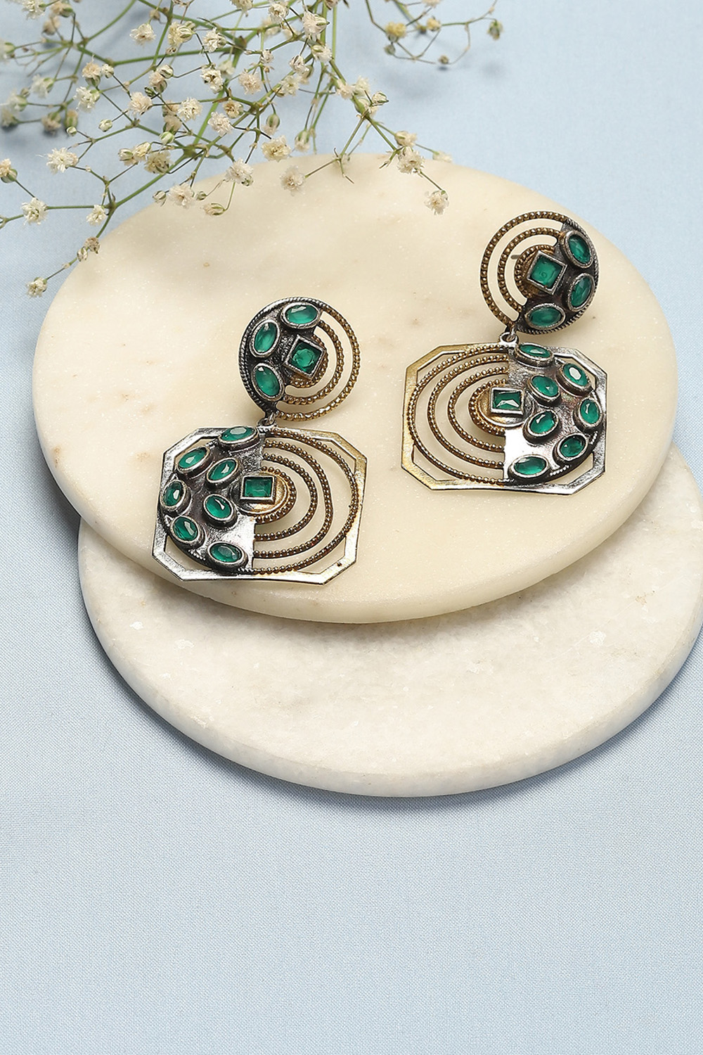 Oxidised Gold & Green Brass Earrings image number 0