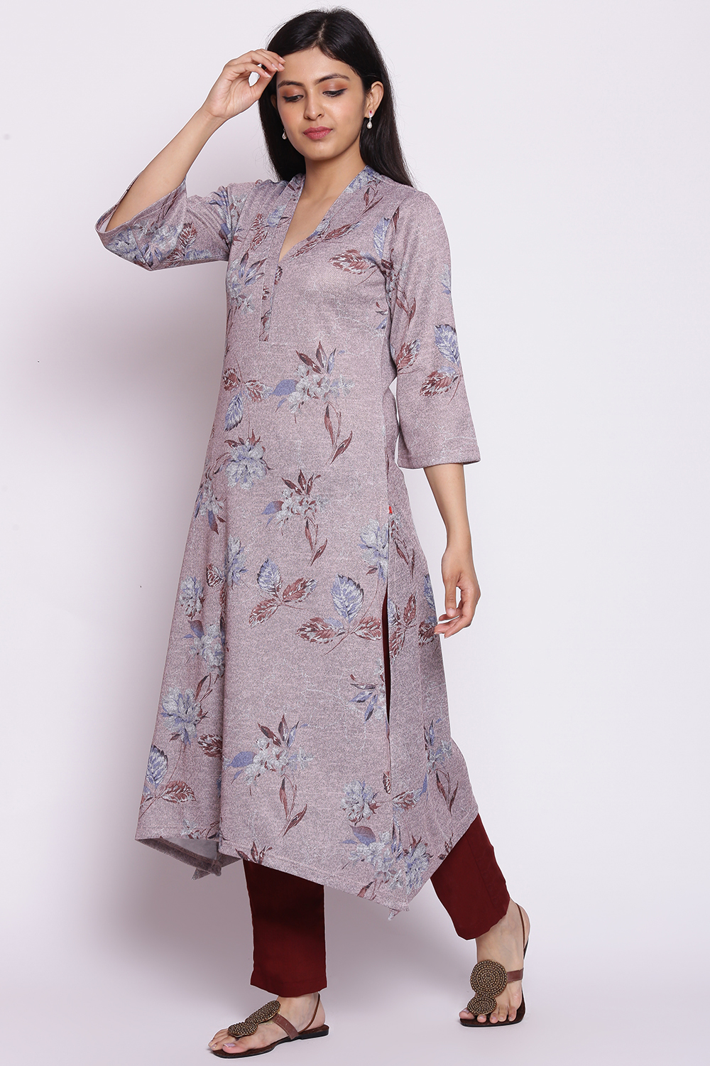 Blush Pink Straight Woolen Printed Kurta image number 3