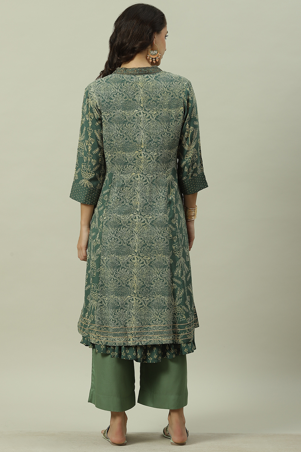 Green Rayon Flared Printed Kurta image number 4