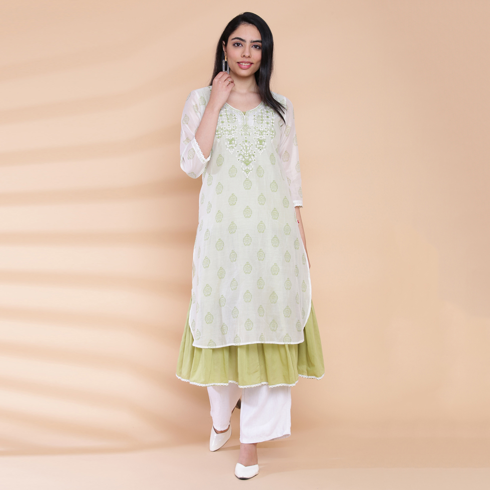 Off White And Green Chikankari Printed Kurta image number 5