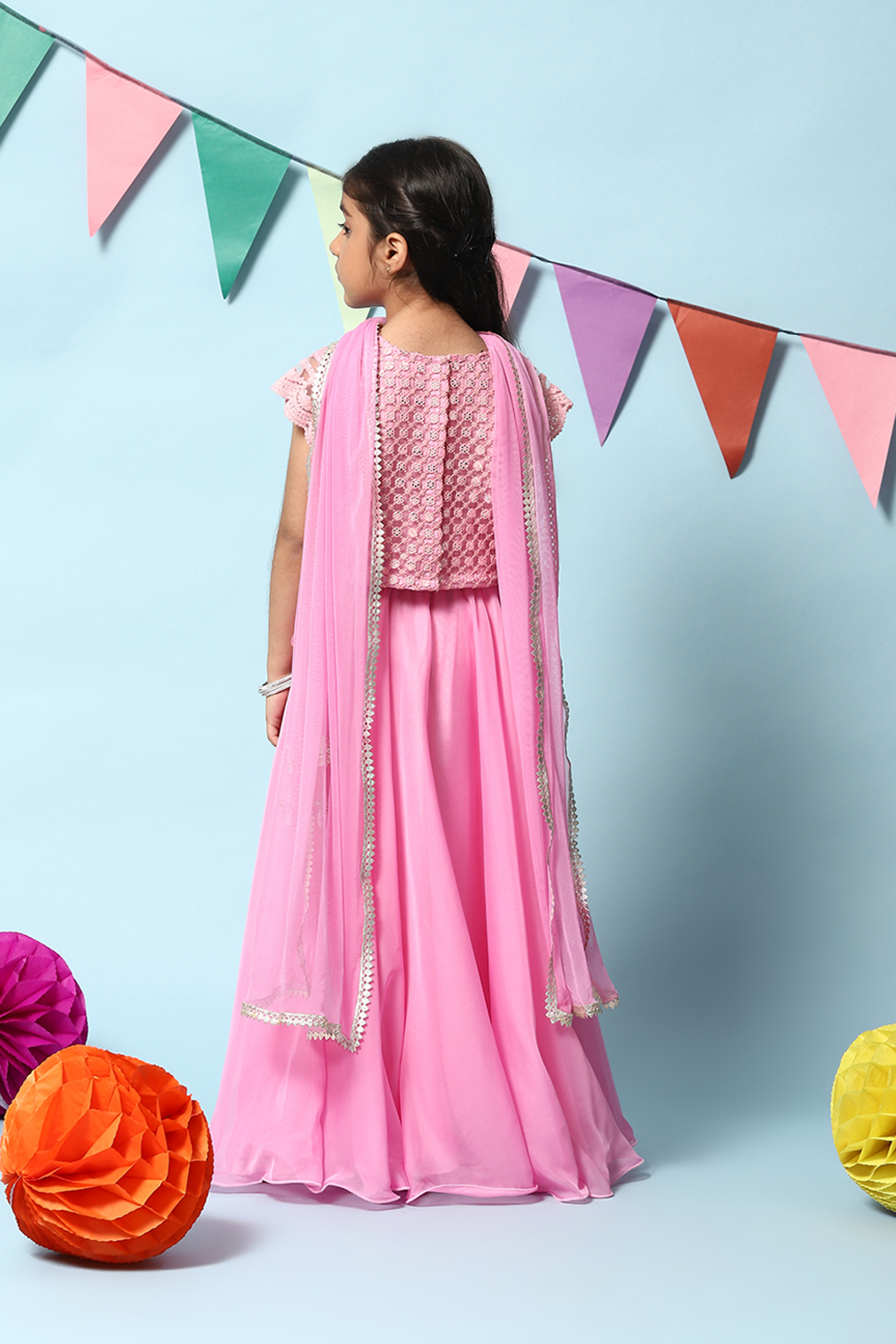 Bubble-gum Pink Nylon Short Top Lehenga Set image number 4