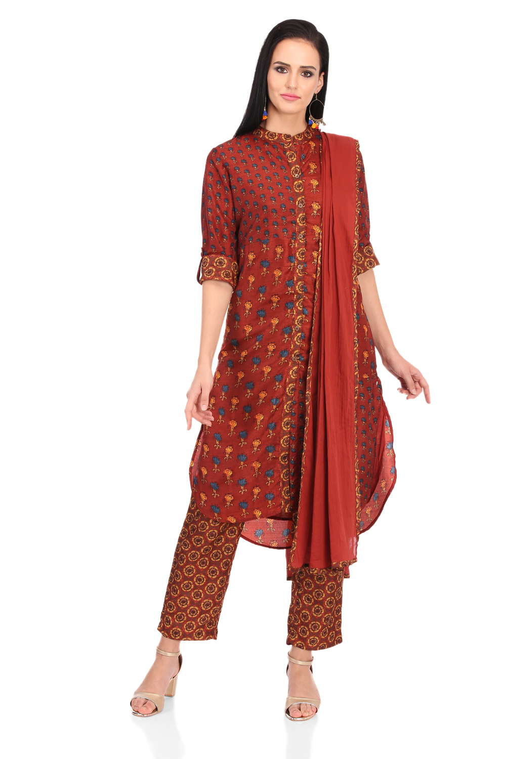 Rust Art Silk Straight Kurta Pant Suit Set image number 0