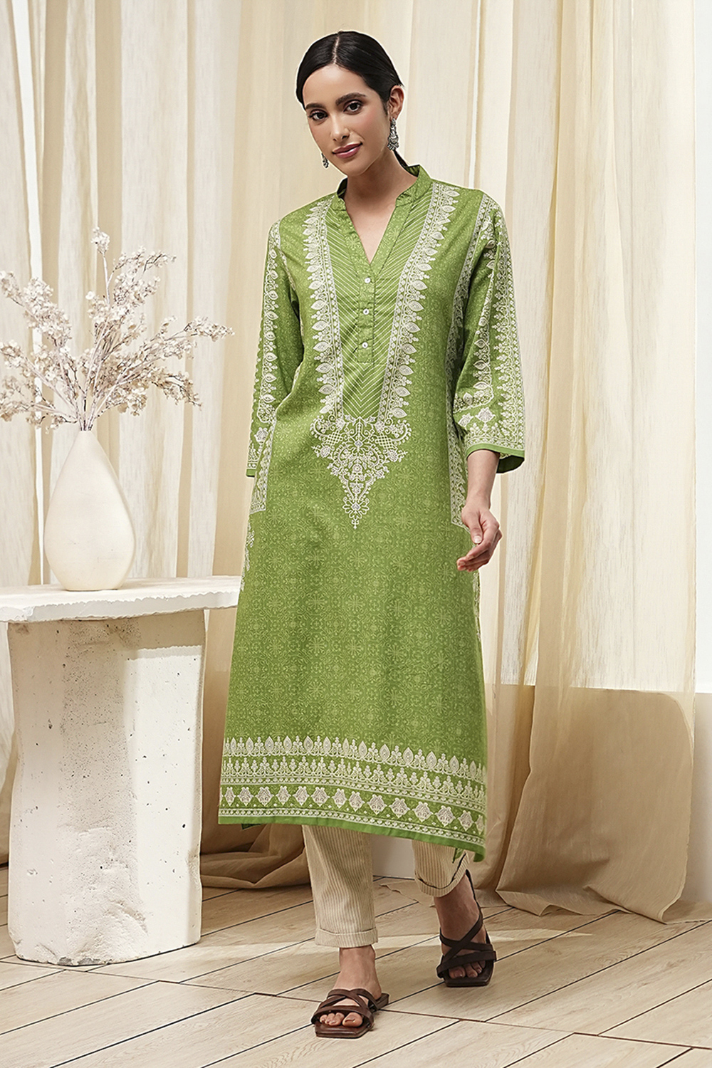 Green Cotton Printed Straight Kurta image number 0