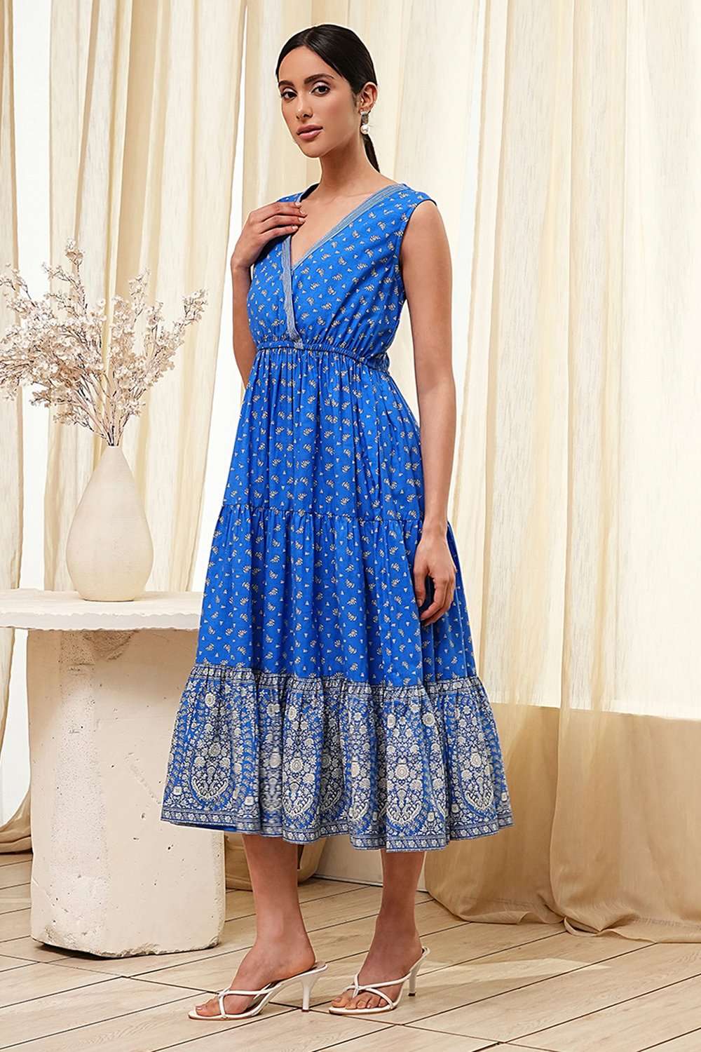 Blue Cotton Printed Tiered Dress image number 2