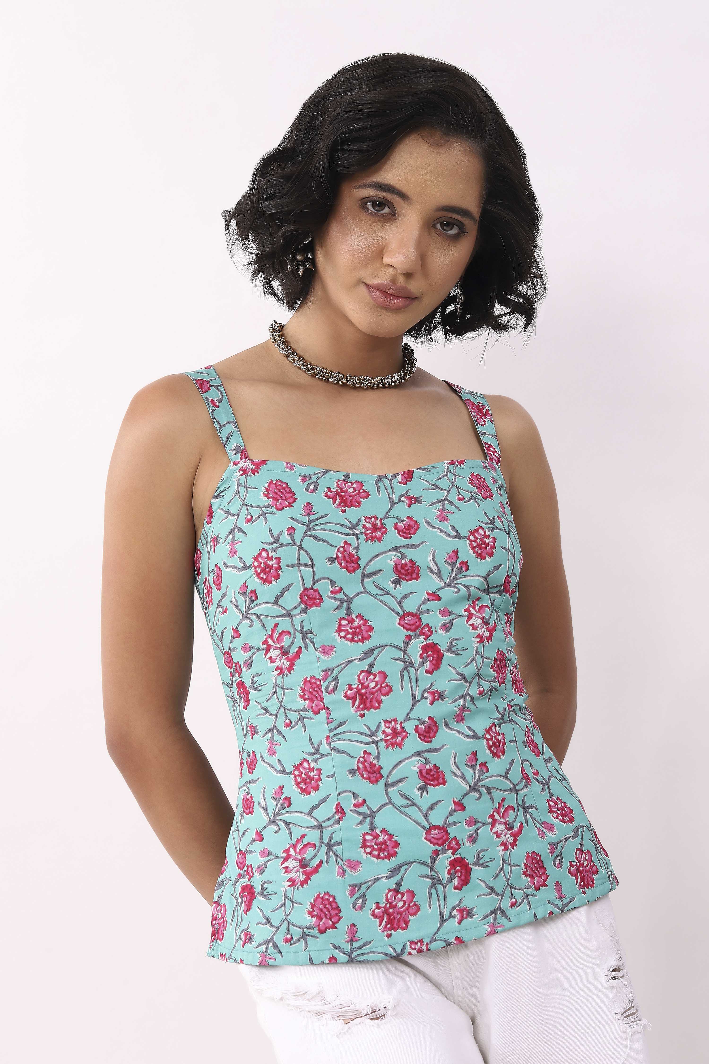 Turquoise Cotton Printed Straight Top image number 5