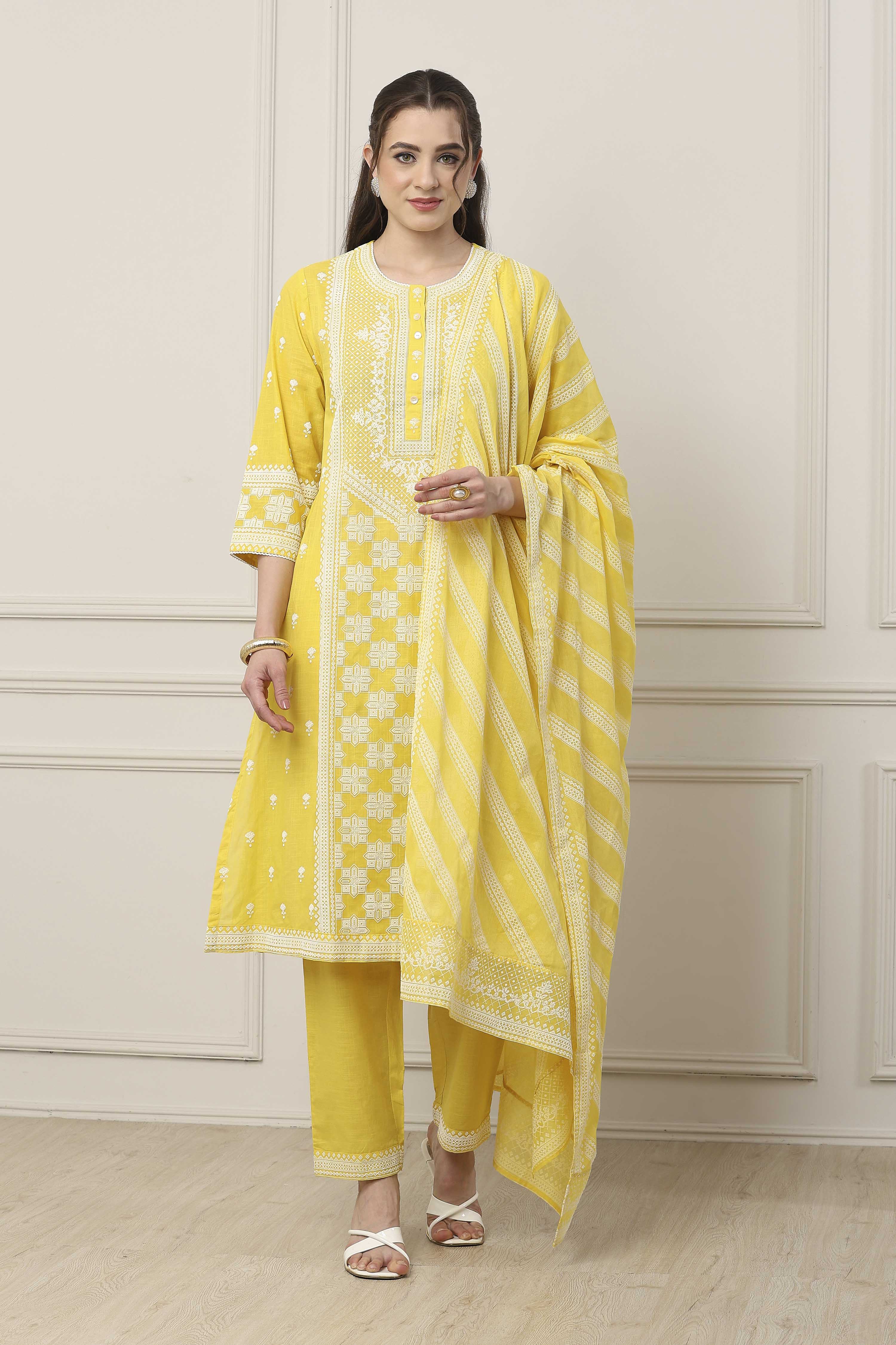 Yellow Cotton Floral Embroidered Straight Suit Set image number 6