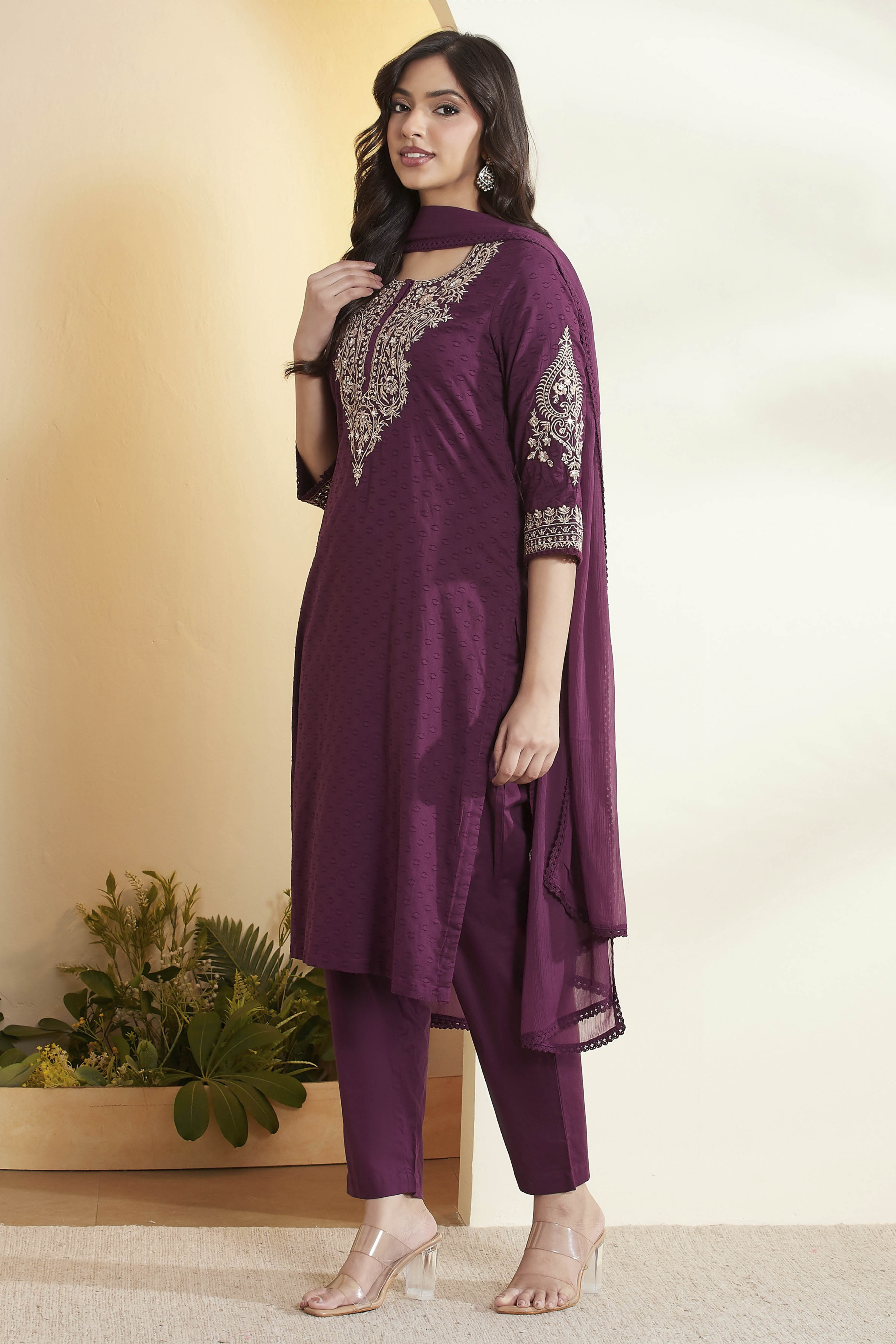 Purple Cotton Straight Suit Set image number 4