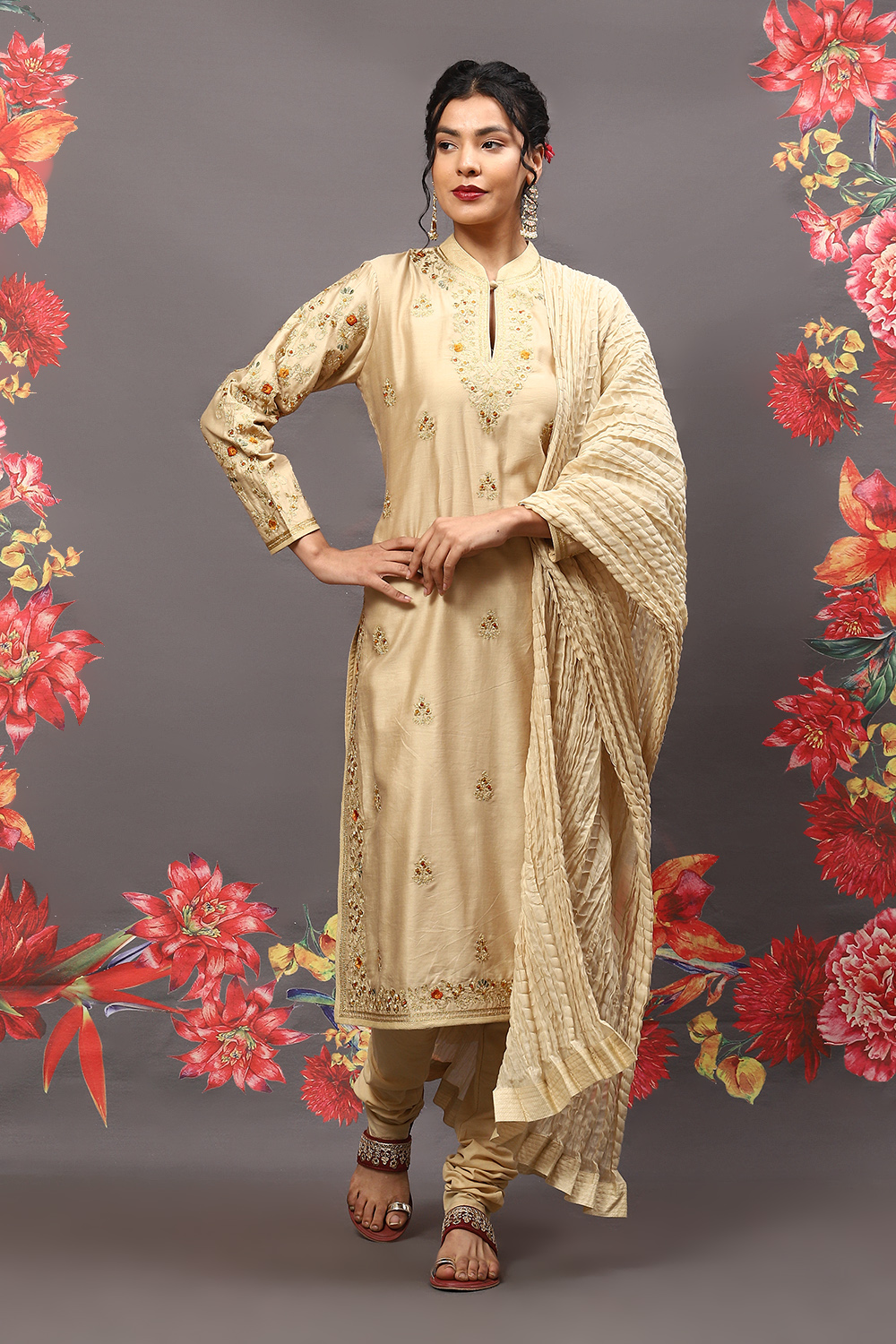 Rohit Bal Beige Cotton Blend Straight Kurta Suit Set image number 7