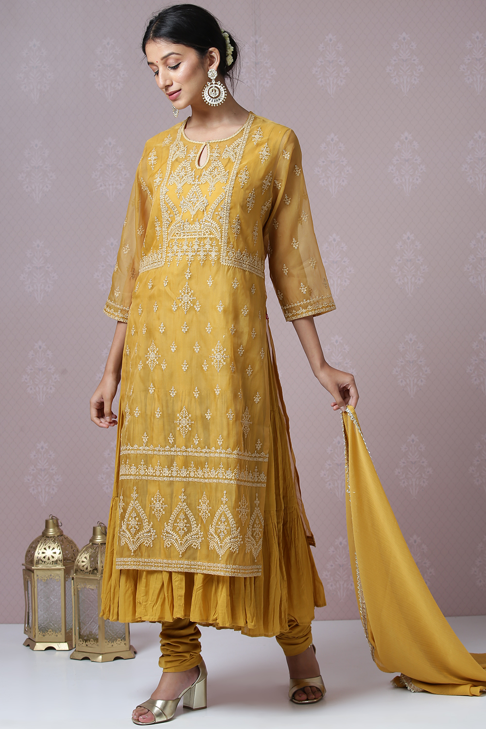 Mustard Art Silk Double Layered Kurta Churidar Suit Set image number 7