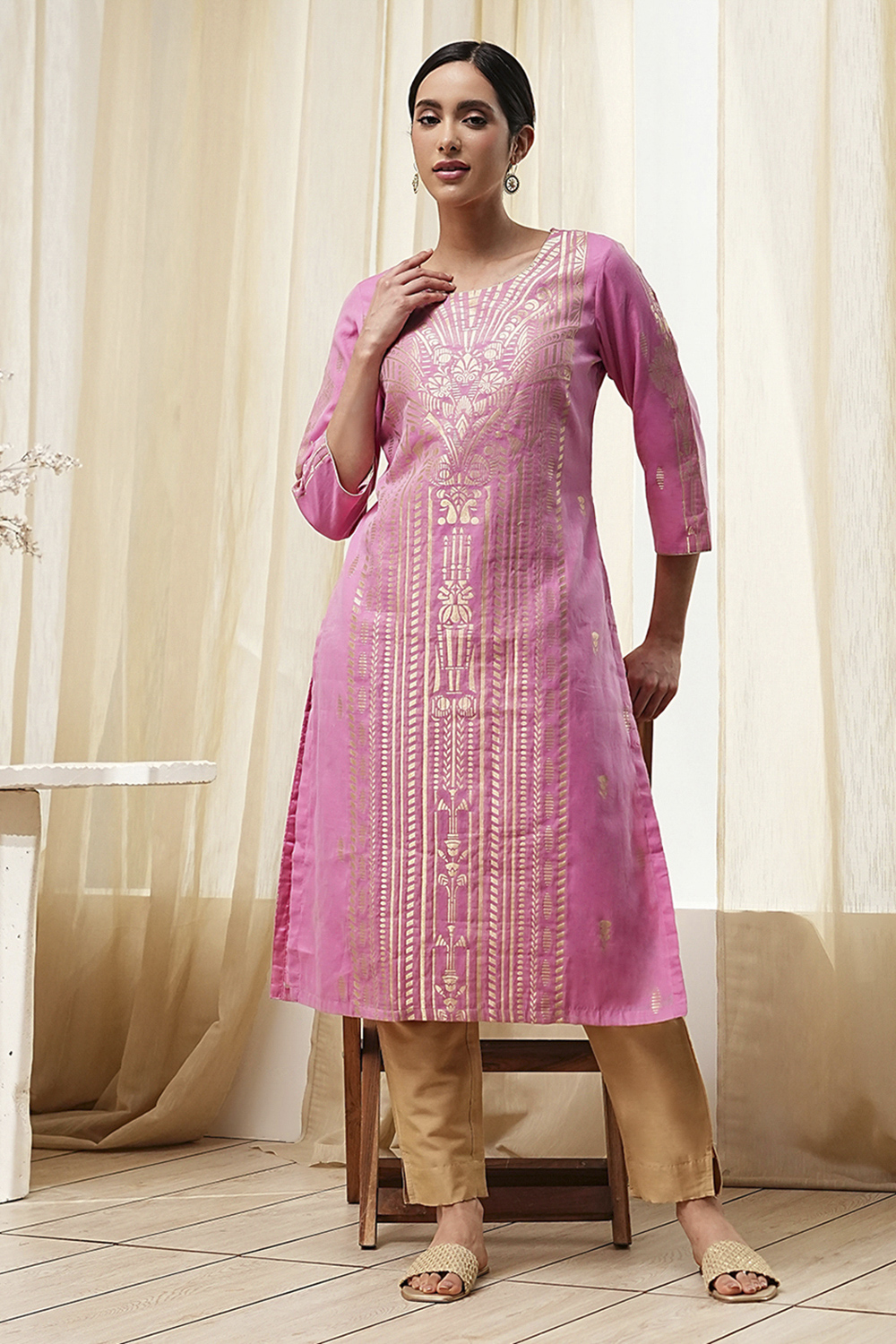 Pink Poly Cotton Straight Yarndyed Kurta image number 0