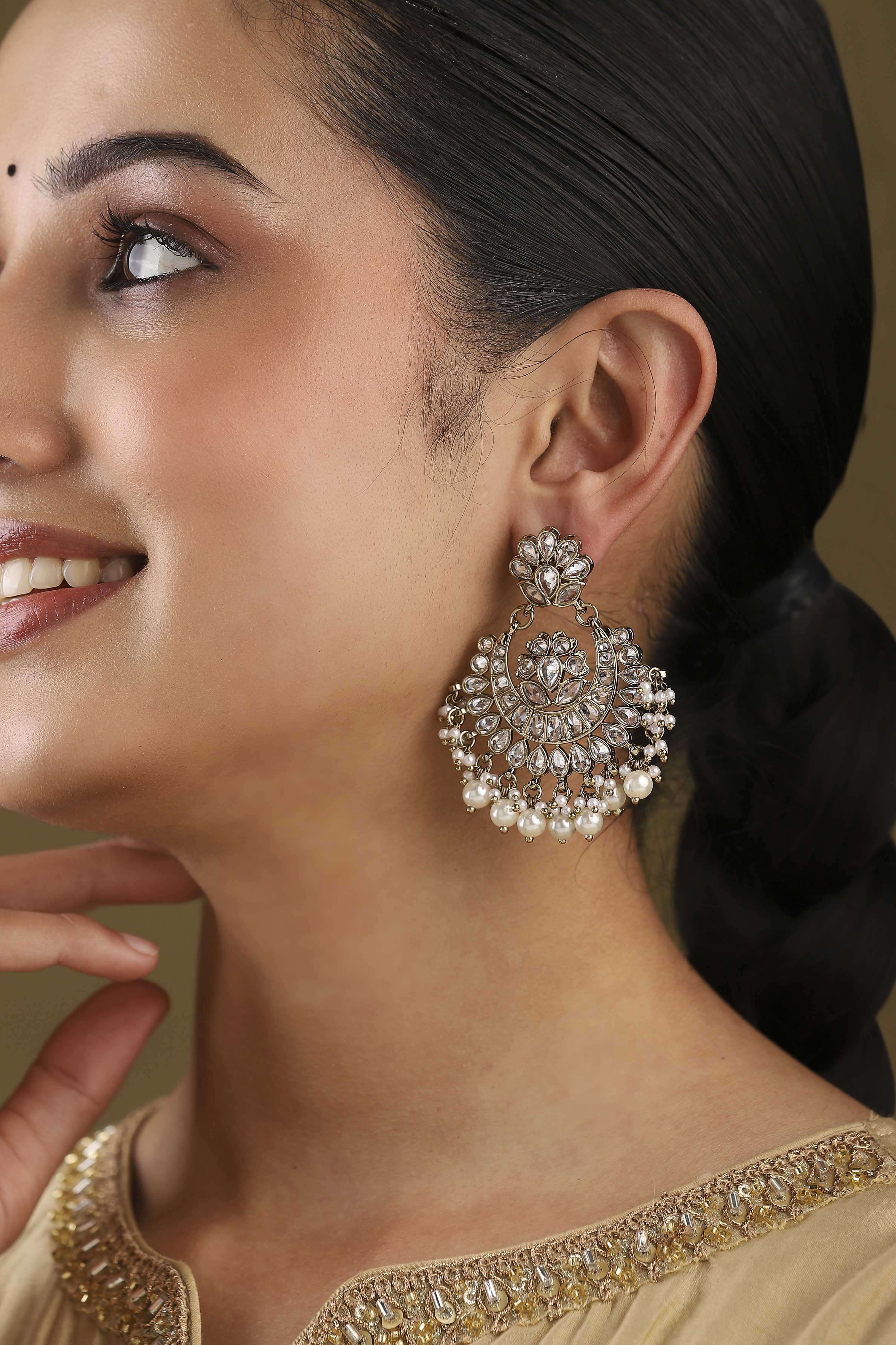 Silver-Toned Gold Plated Brass Studded Chandbalis image number 1