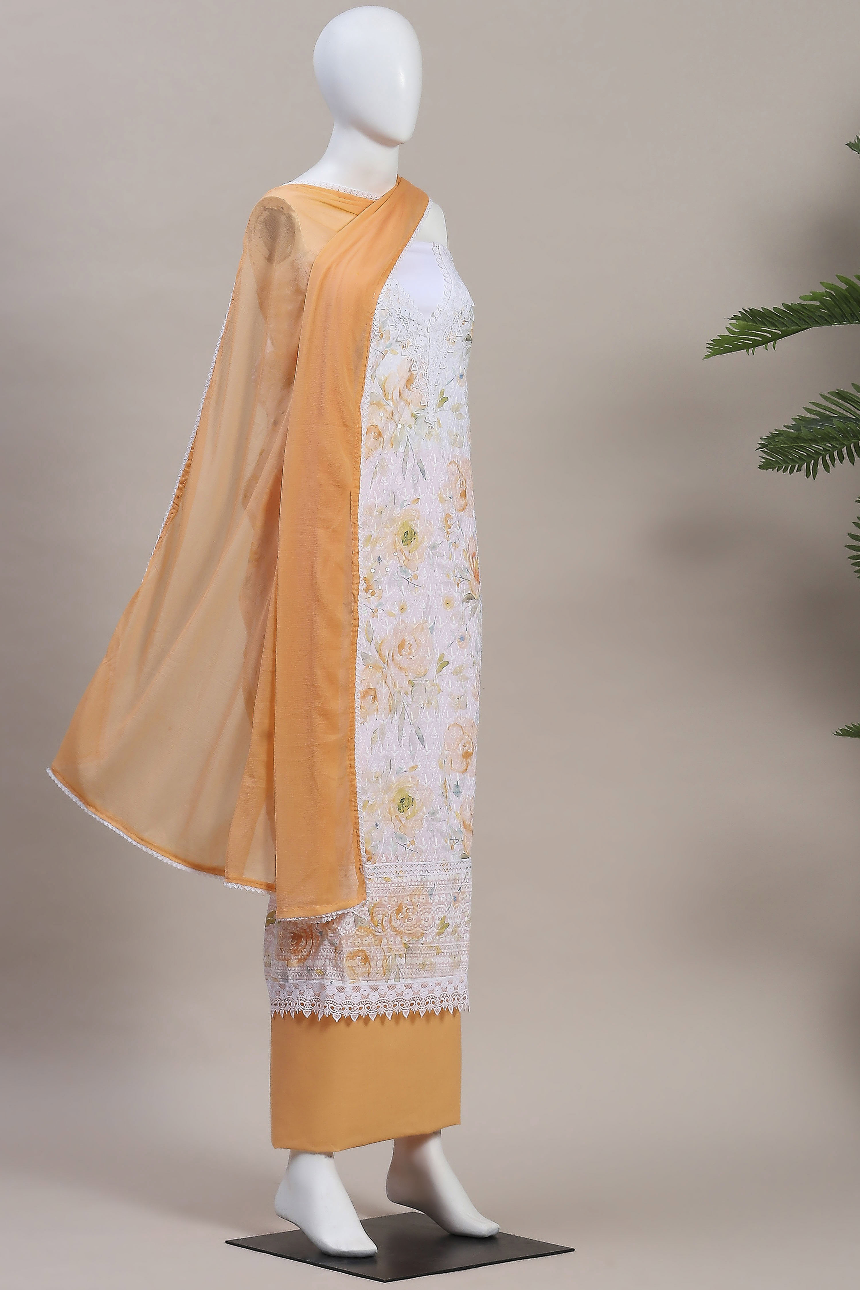 Ochre Cotton Rajasthani Print Unstitched Suit Set image number 4