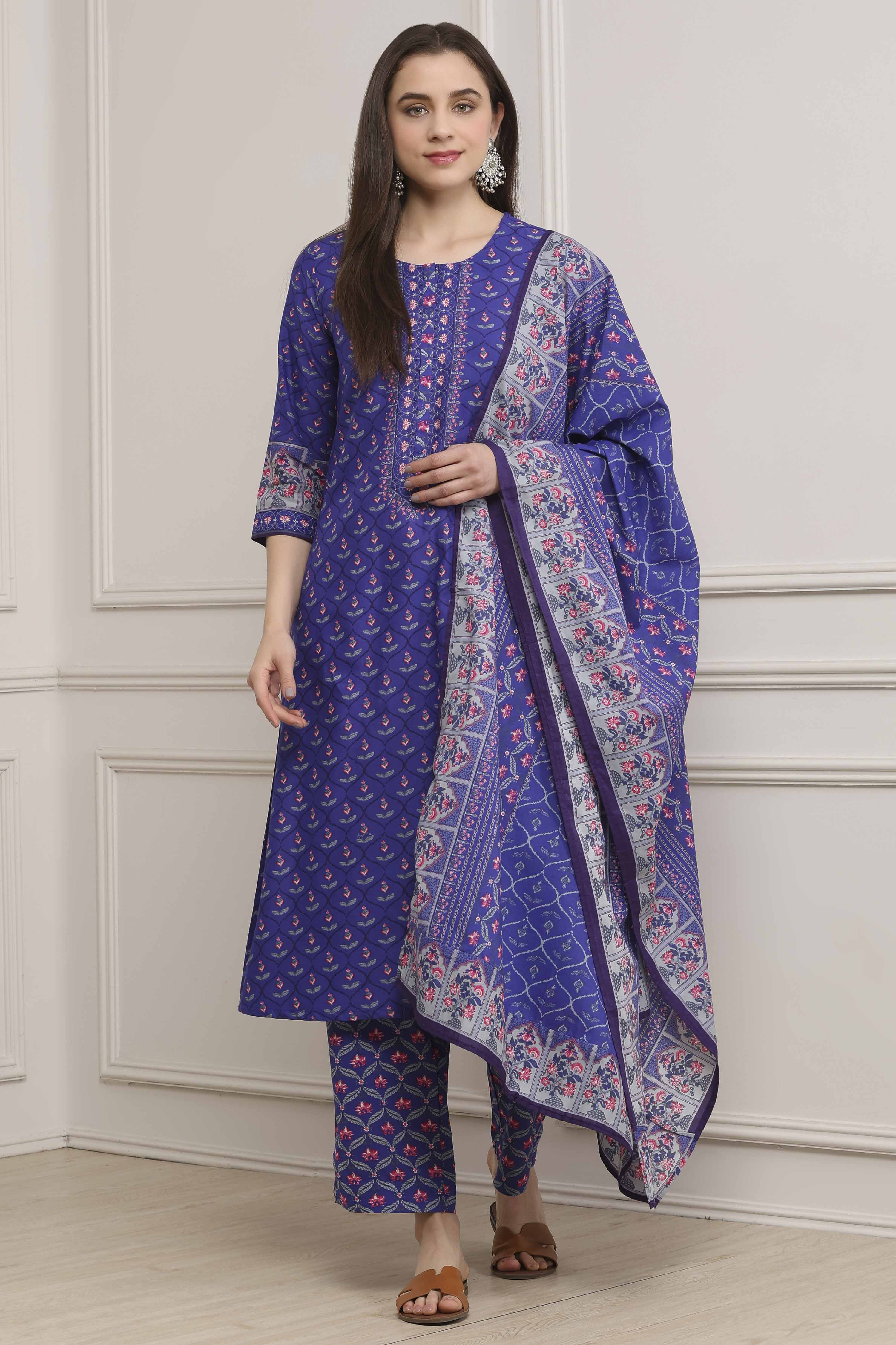 Blue Cotton Straight Suit Set image number 0