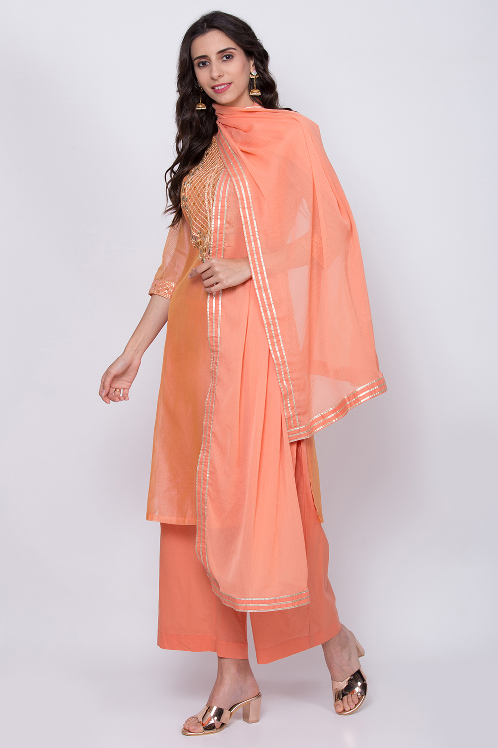 Orange Poly Cotton Straight Kurta Palazzo Suit Set image number 4