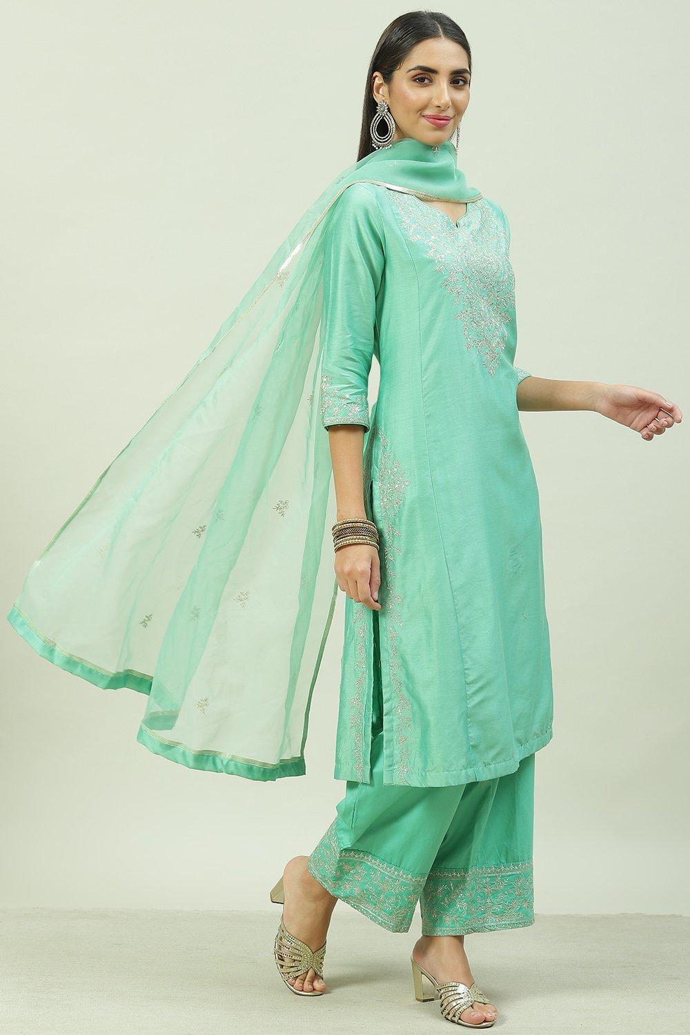 Sea Green Cotton Silk A-Line Kurta Palazzo Suit Set image number 6