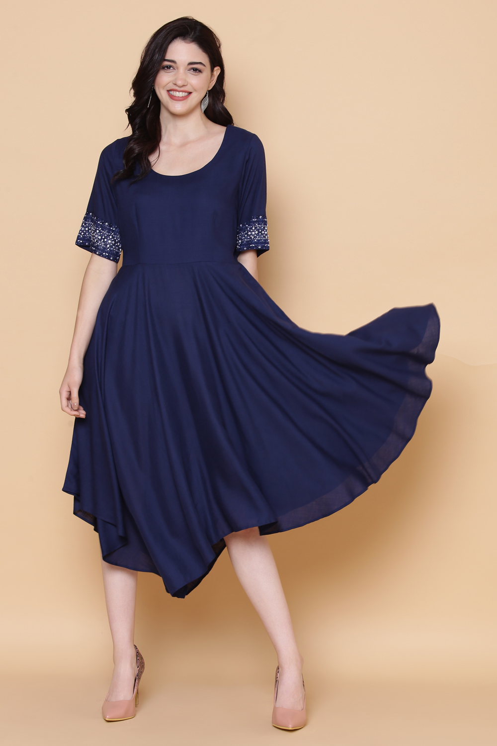 Indigo Rayon Flared Solid Dress image number 4