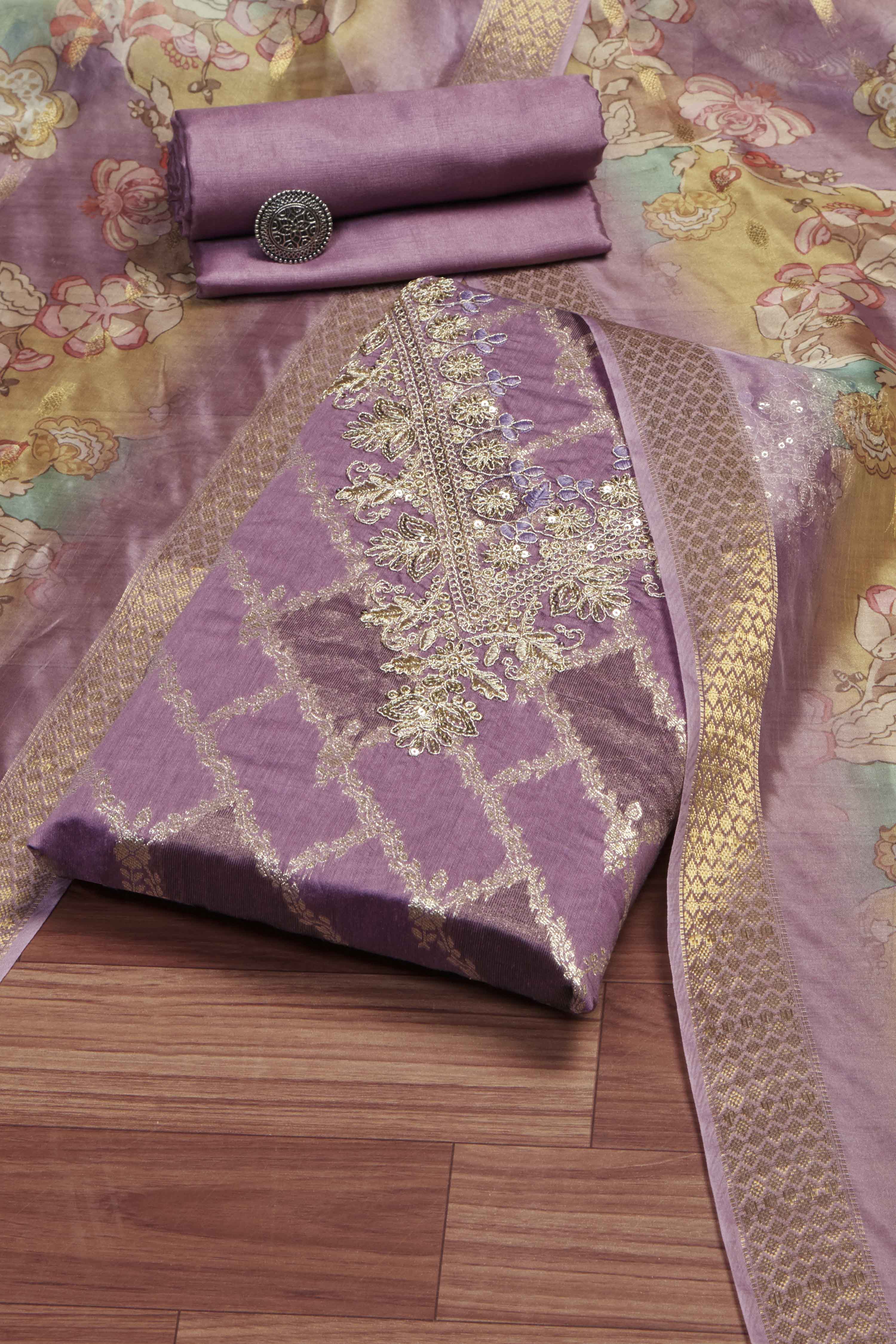 Olive Organza Unstitched Suit Set image number 0