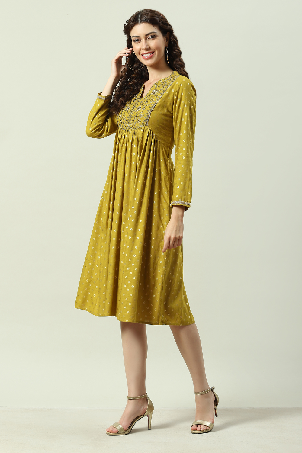 Green Rayon Flared Printed Kurta Dress image number 2