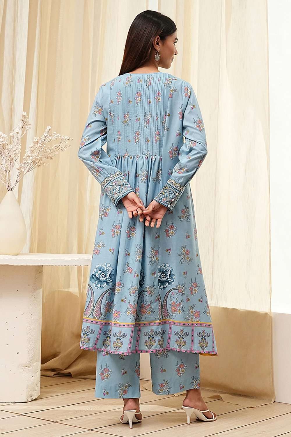 Dull Blue Cotton Flared Printed Kurta Set image number 4