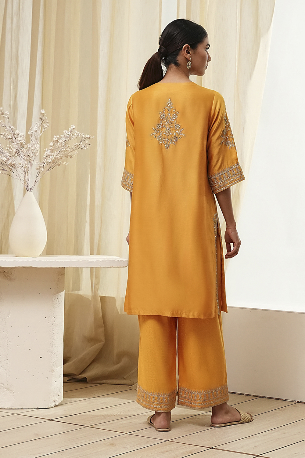 Ochre Yellow Cotton Silk Straight Suit Set image number 5