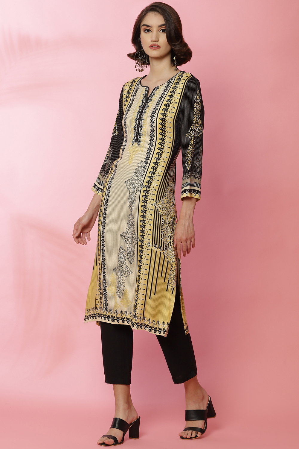 Black And Off White Viscose Printed Kurta image number 3