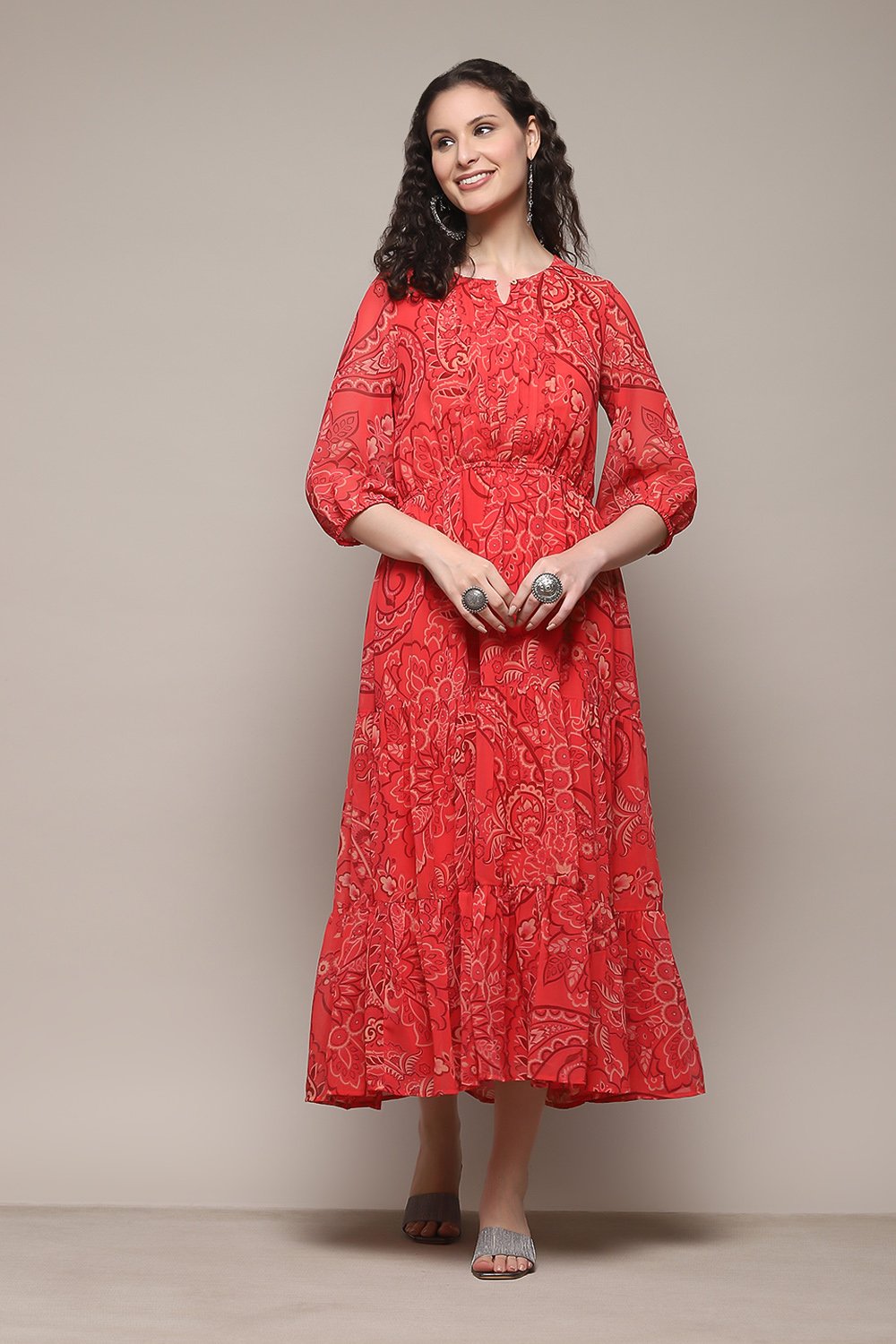 Blue Polyester Tiered Printed Dress image number 0