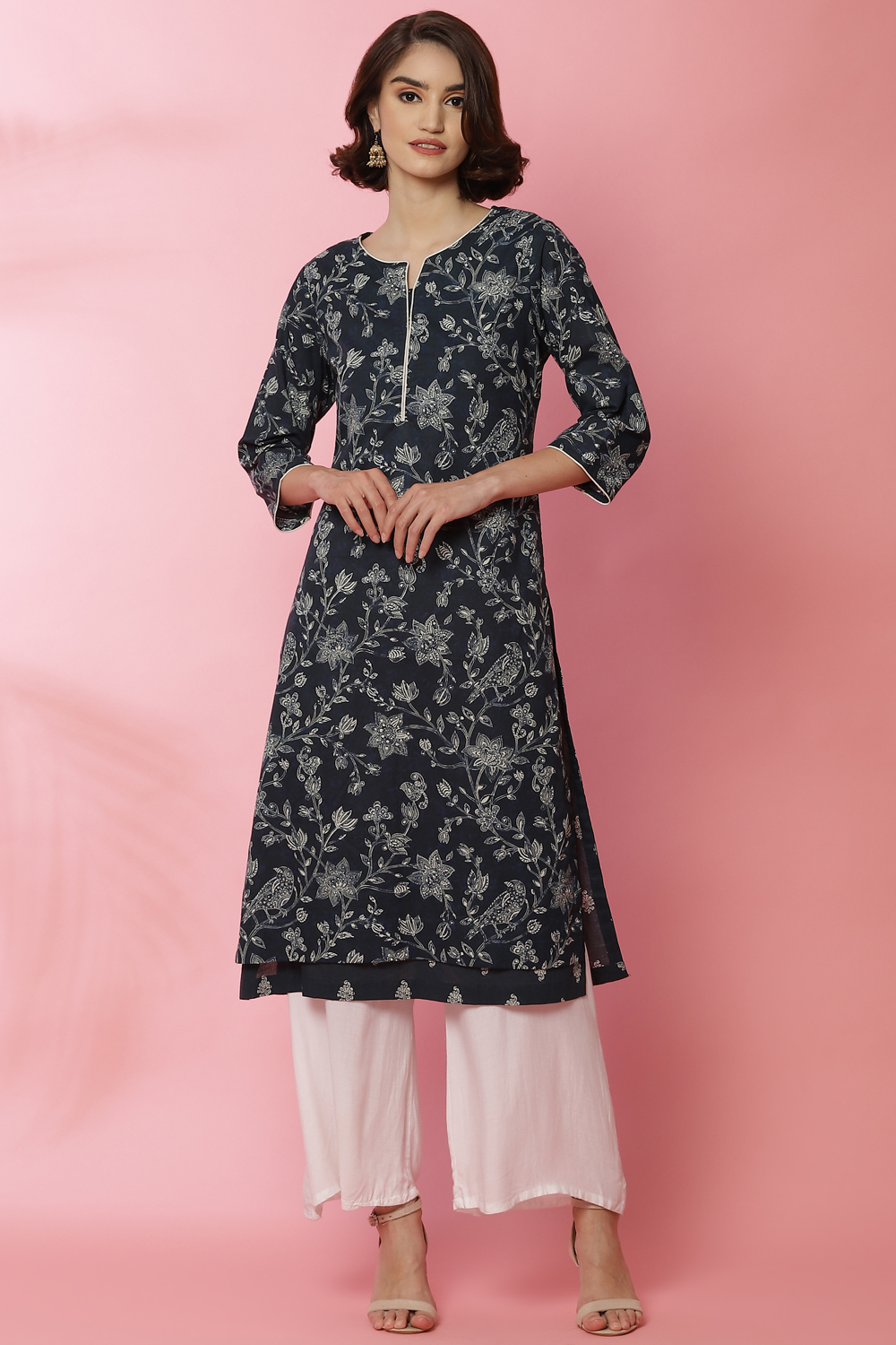 Navy Cotton Straight Printed Kurta image number 4