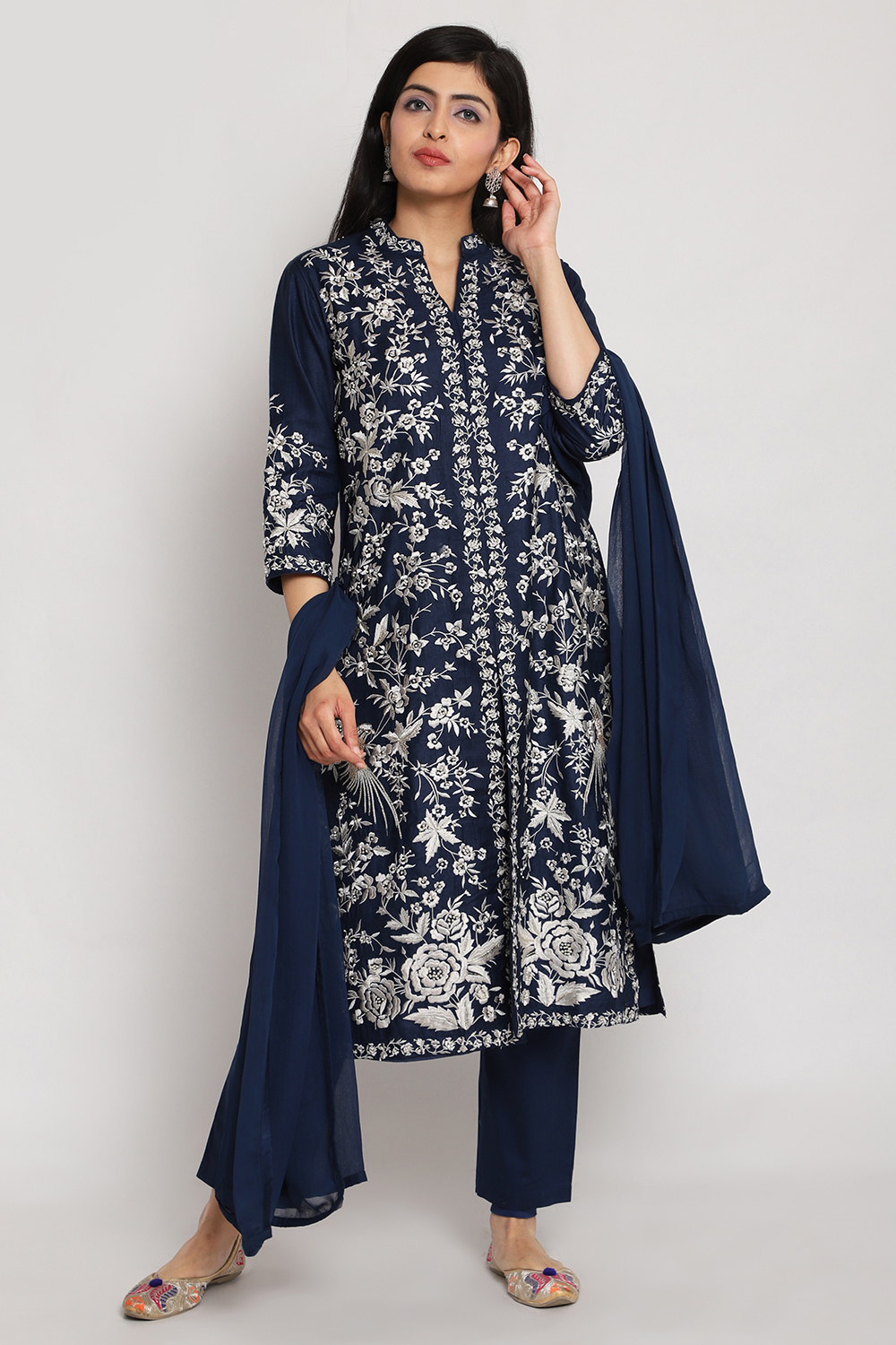 Blue Viscose Silk Front Open Kurta Regular Pant Suit Set image number 2