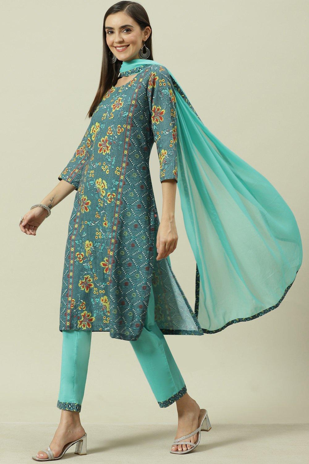 Blue Printed Straight Kurta Regular Pant Suit Set image number 5