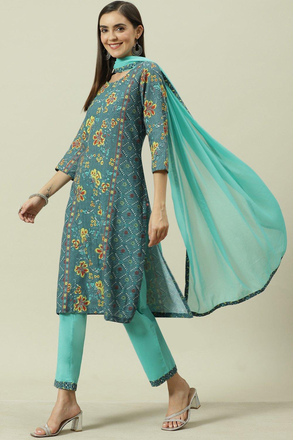 Blue Printed Straight Kurta Regular Pants Suit Set image number 5