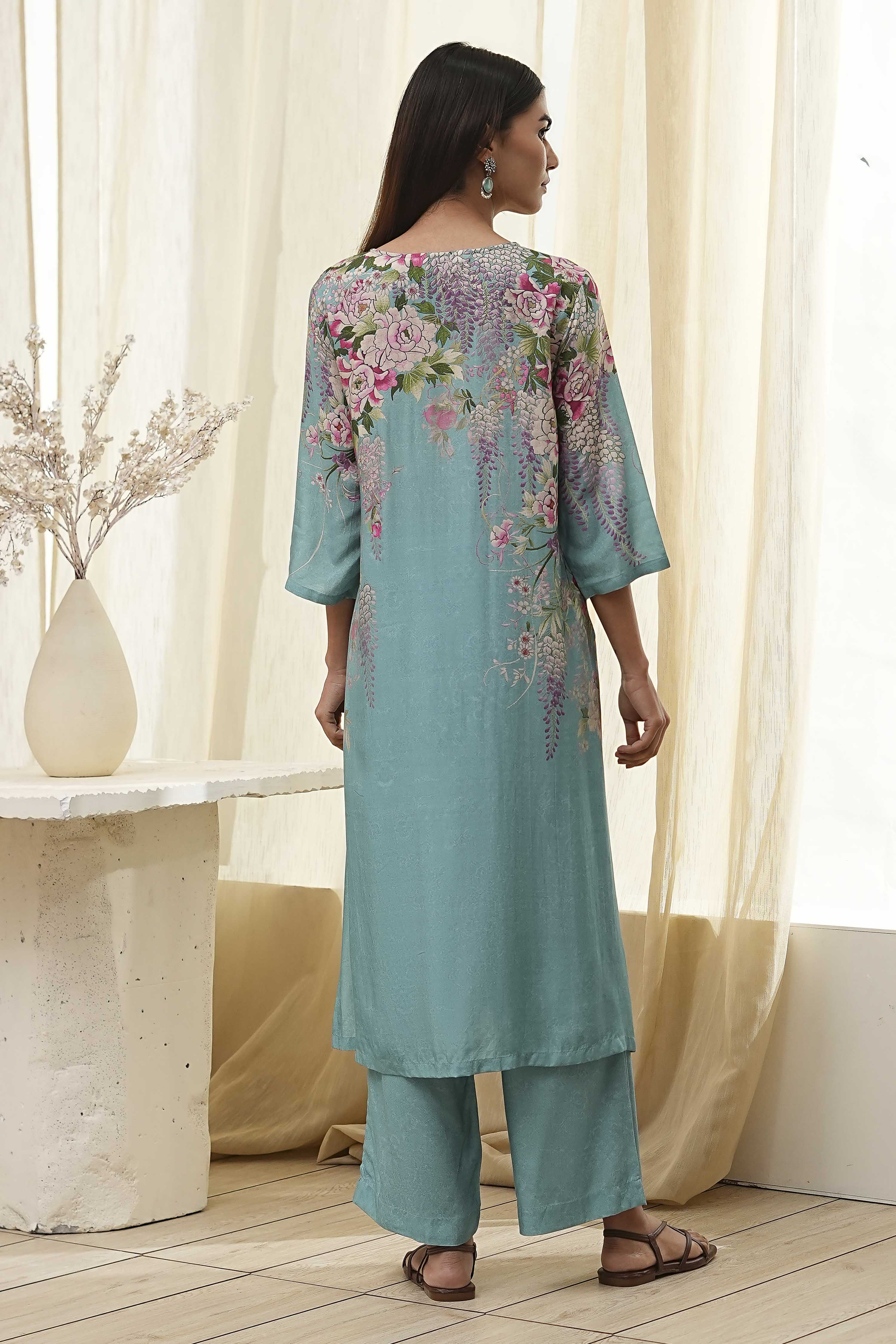 Blue Floral Straight Kurta Set image number 4