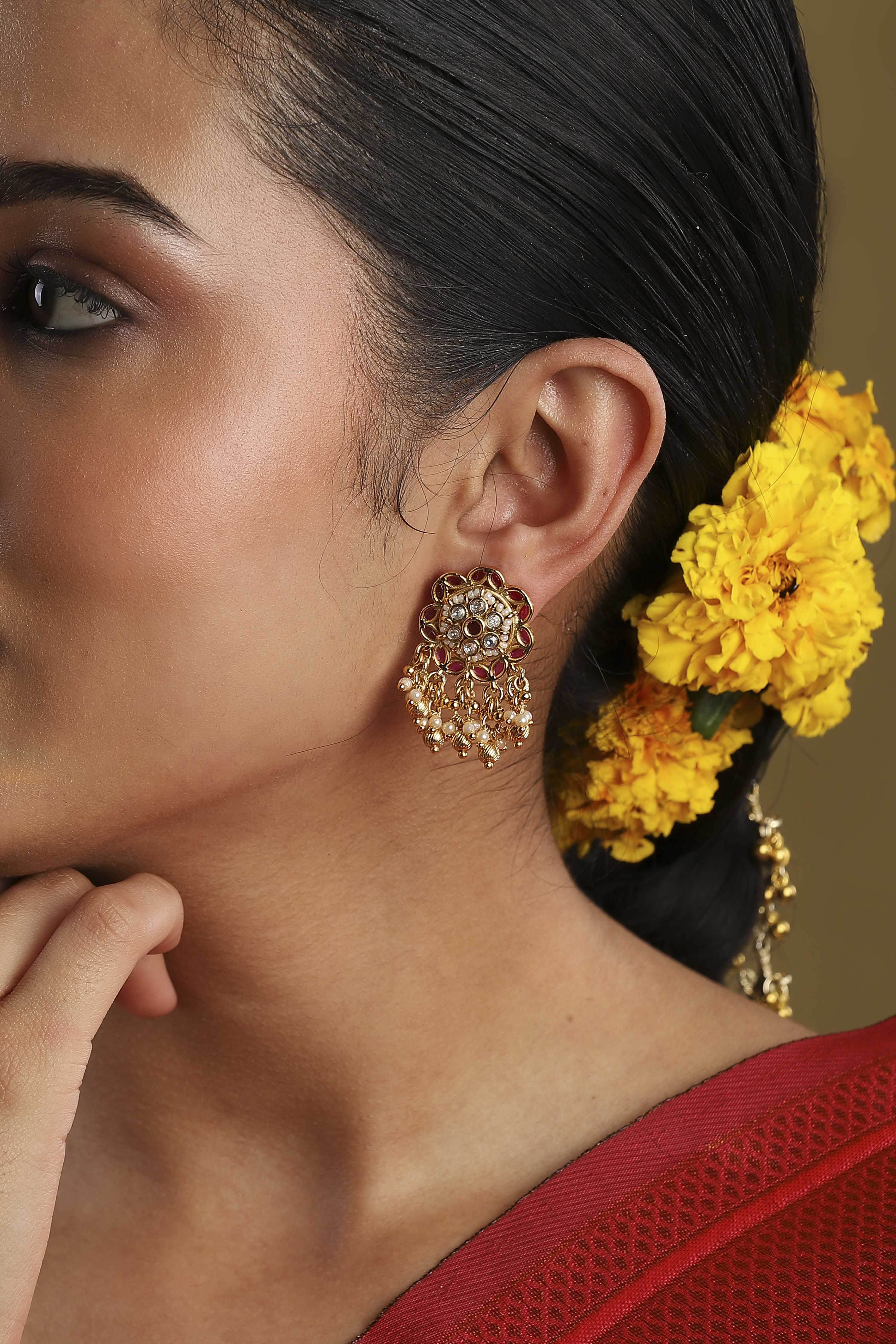 Pink Gold Plated Brass Studded Drop Earrings image number 4