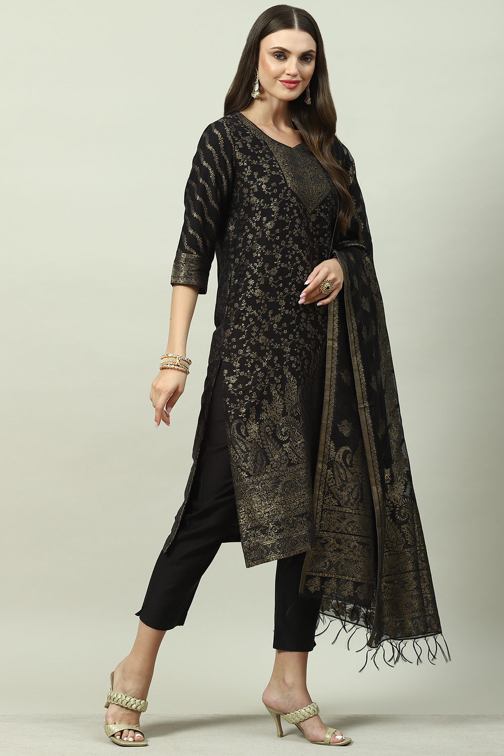 Black Art Silk Straight Kurta Slim Pants Suit Set image number 6